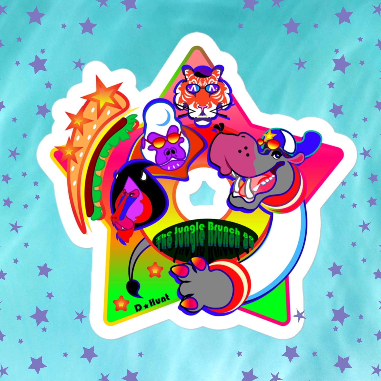 Colorful sticker with cartoon characters on a blue background with stars