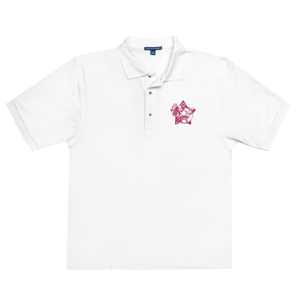 White polo shirt with a pink logo on a background