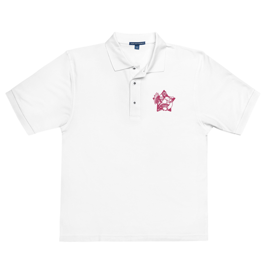 White polo shirt with a pink logo on a background