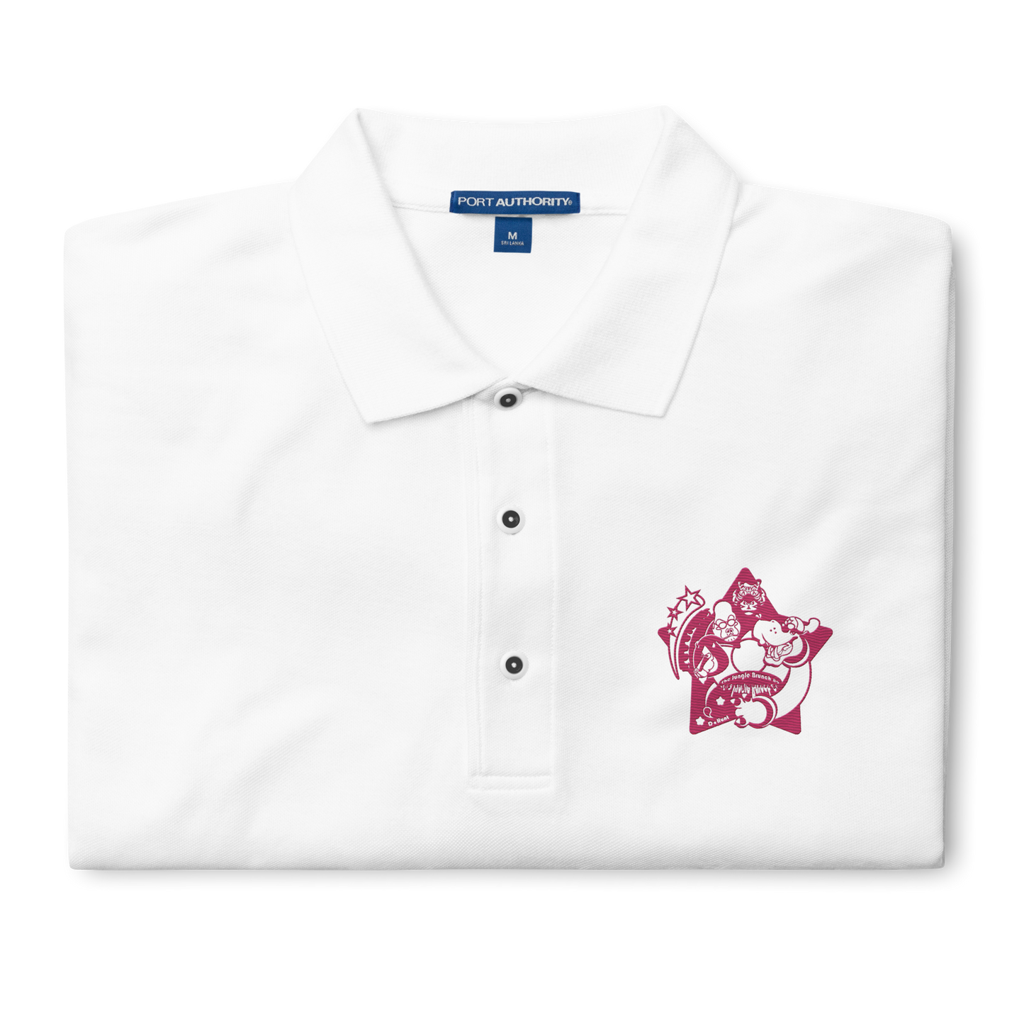 White polo shirt with a pink logo on a background