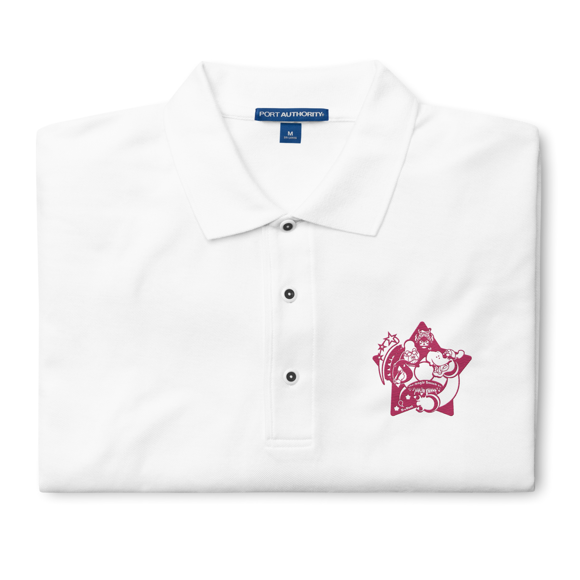 White polo shirt with a pink logo on a background