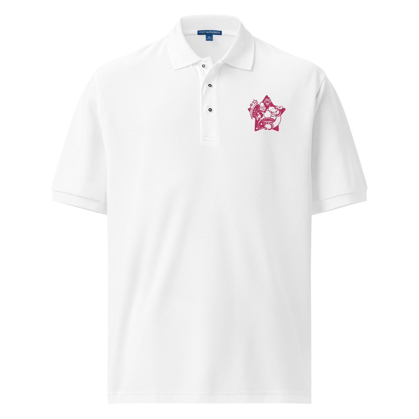 White polo shirt with a pink logo on a background