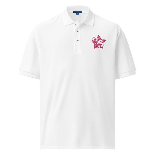 White polo shirt with a pink logo on a background
