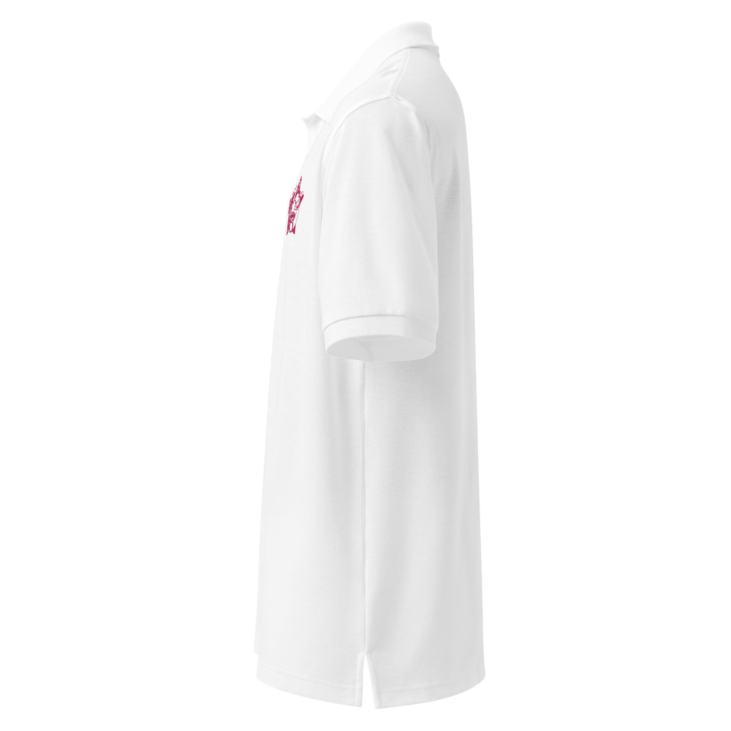 White polo shirt with a pink logo on a background