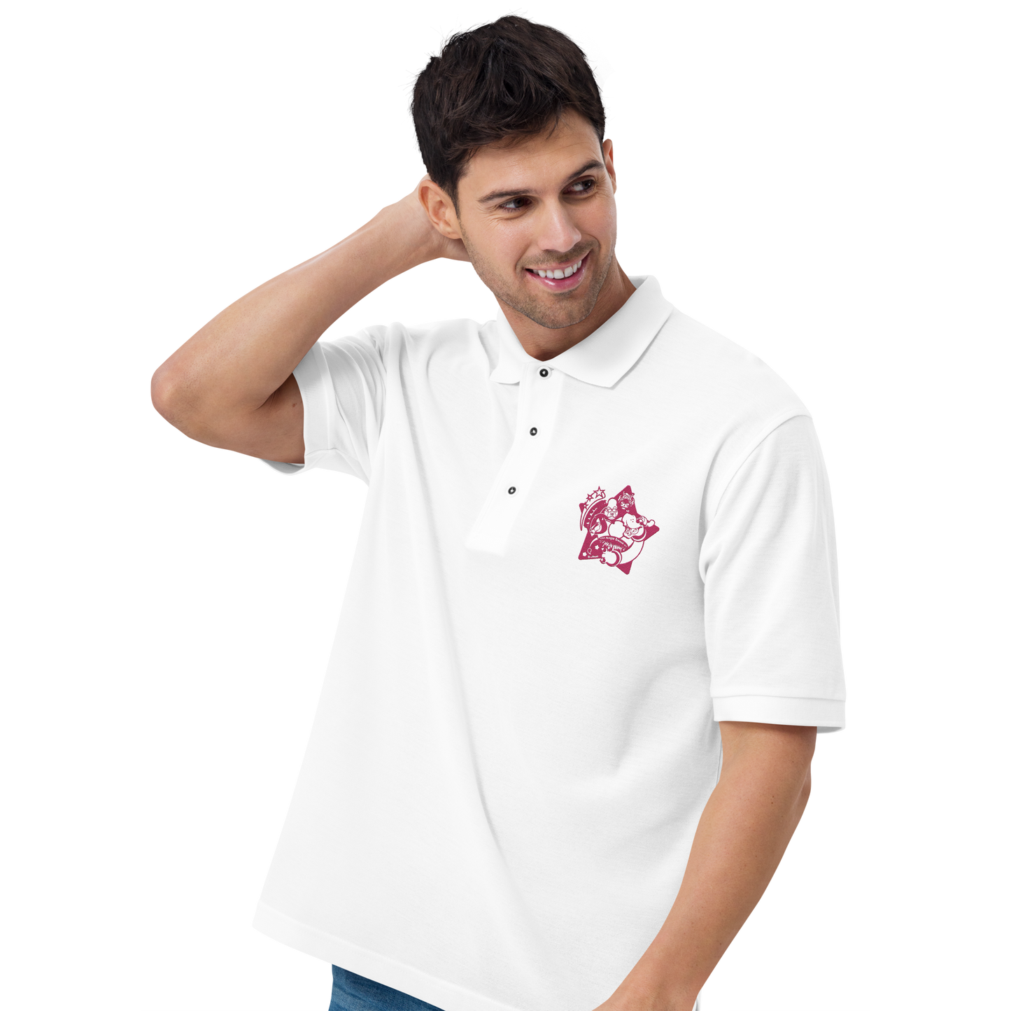 Man wearing a white polo shirt with a pink logo on a background