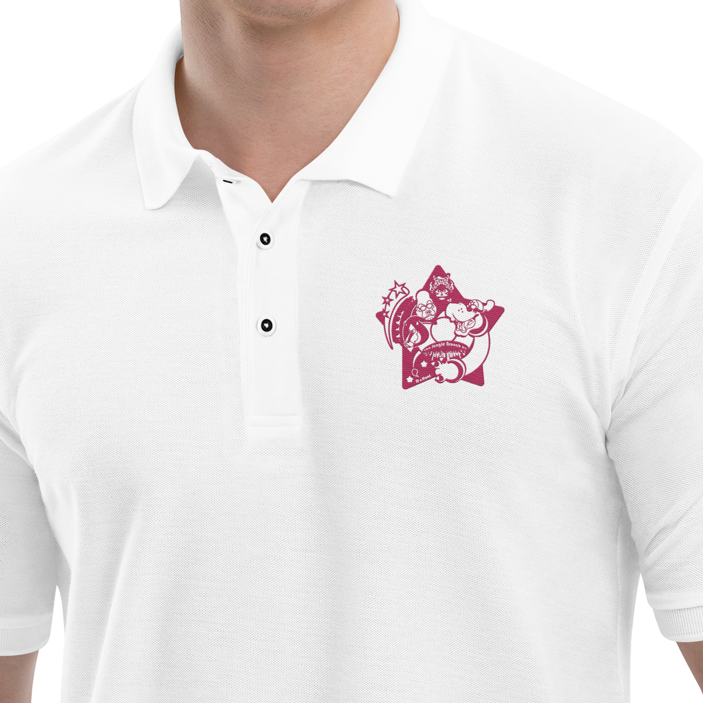 White polo shirt with a pink logo on a background