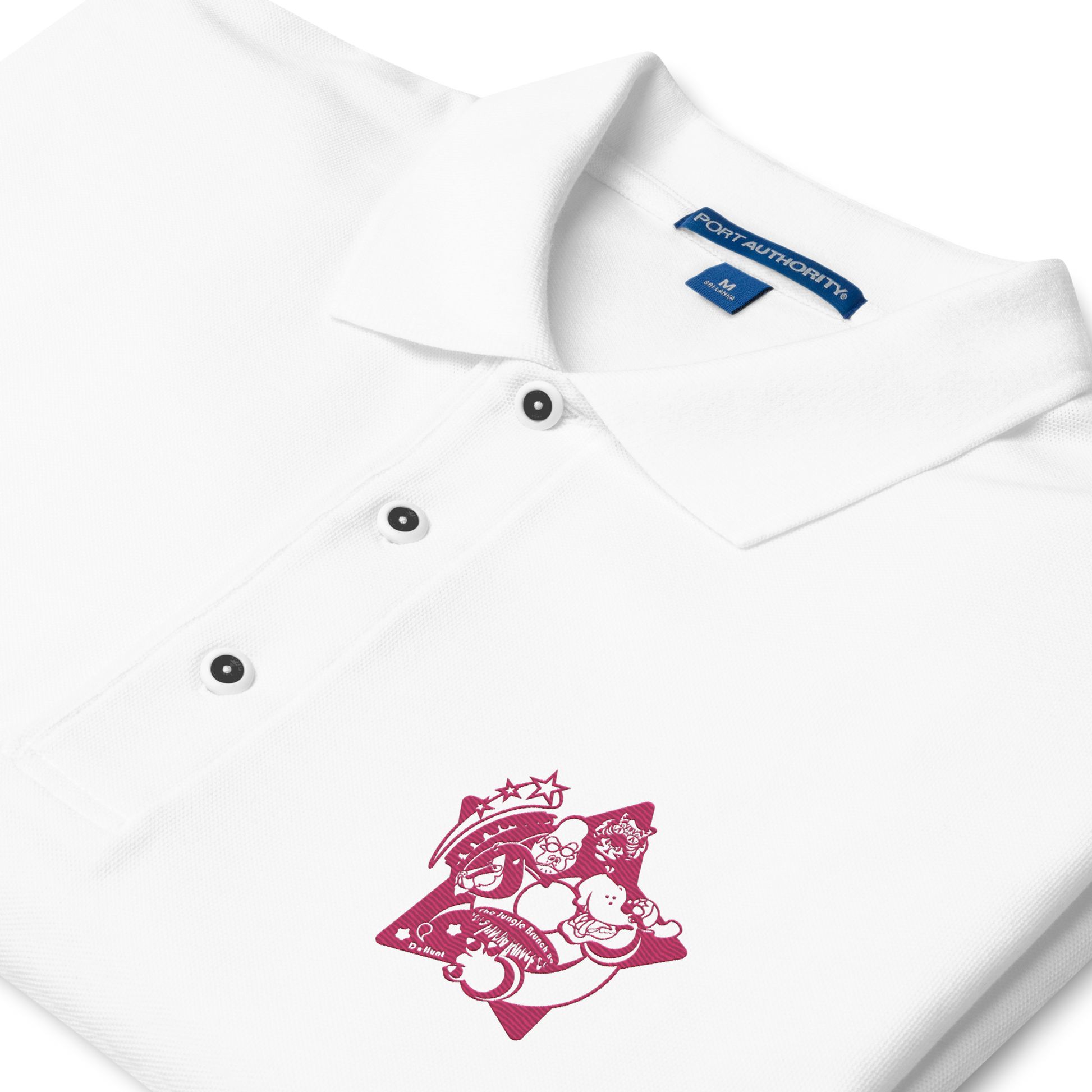 White polo shirt with a pink logo on a background
