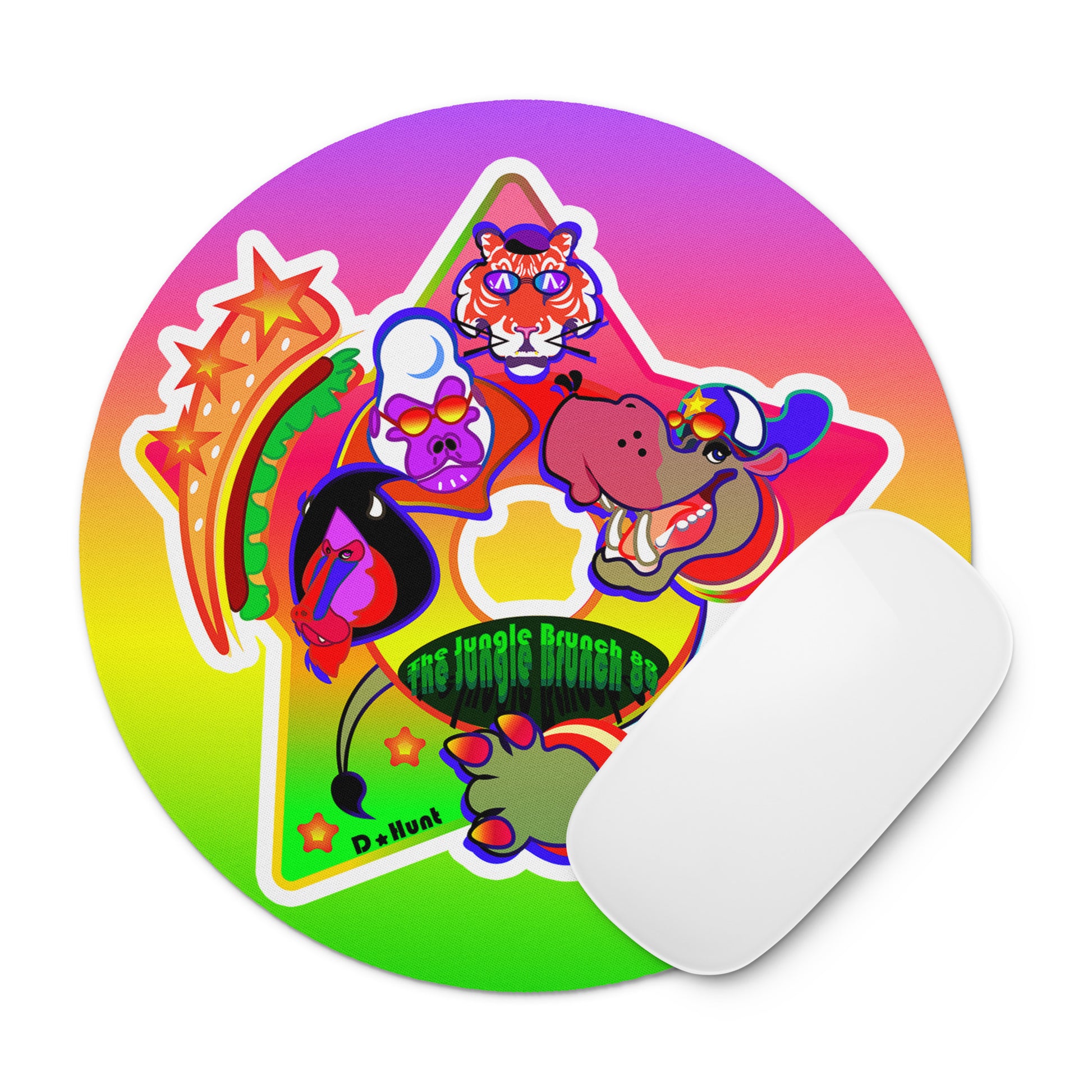 Colorful mouse pad with cartoon TJB89 character logo on a white background