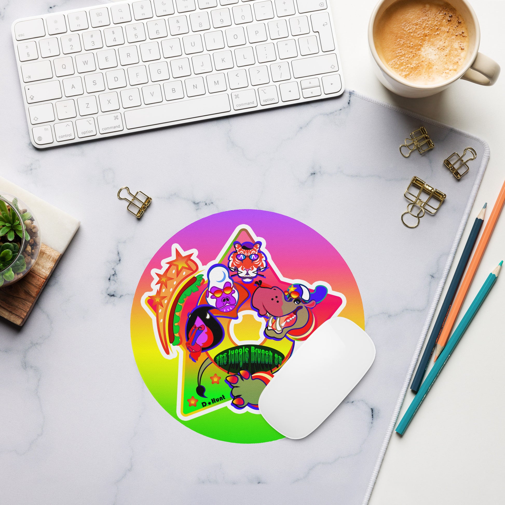 Colorful mouse pad with cartoon TJB89 character logo on a white background