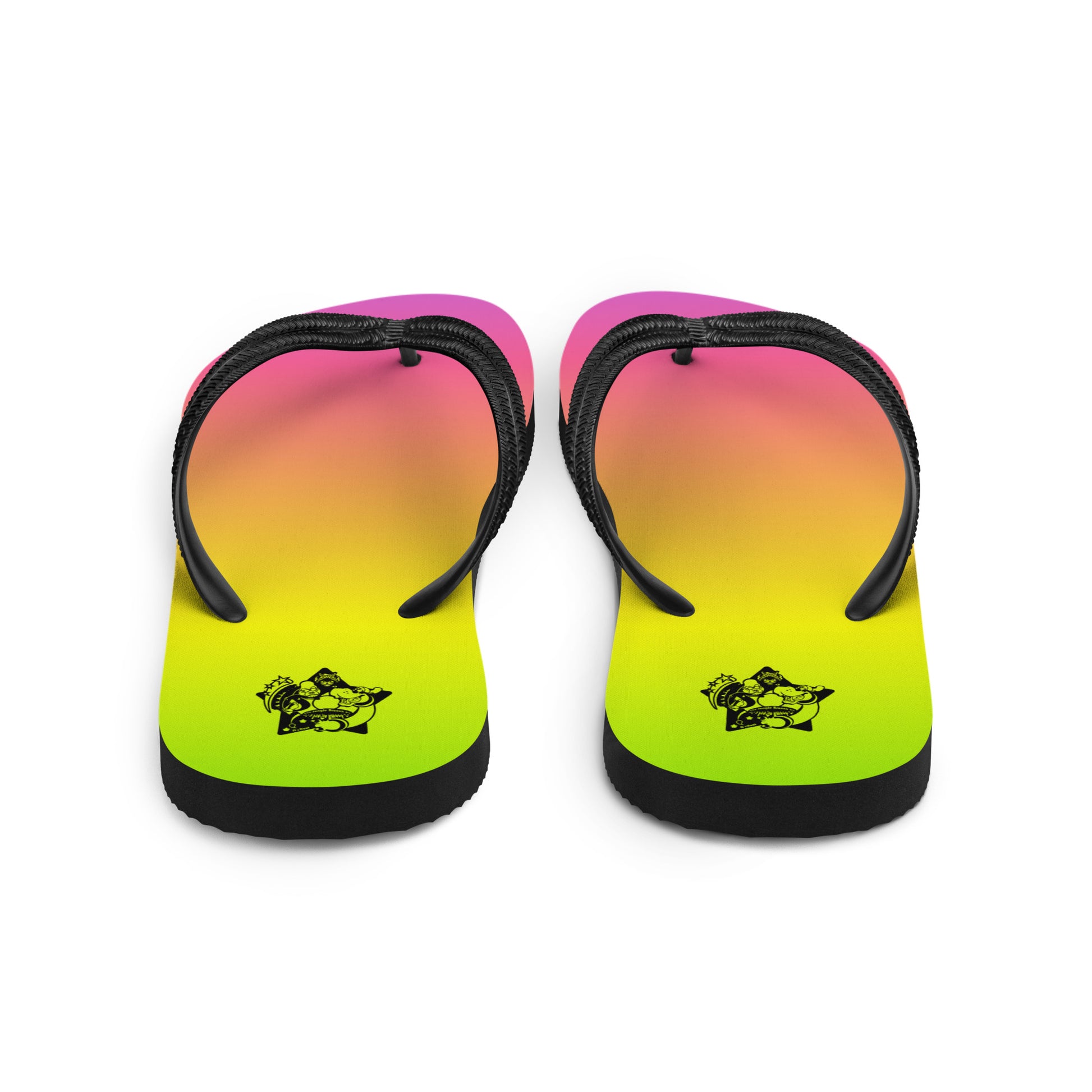 Pair of flip-flops with a gradient purple to green color scheme with a back logo on a white background.