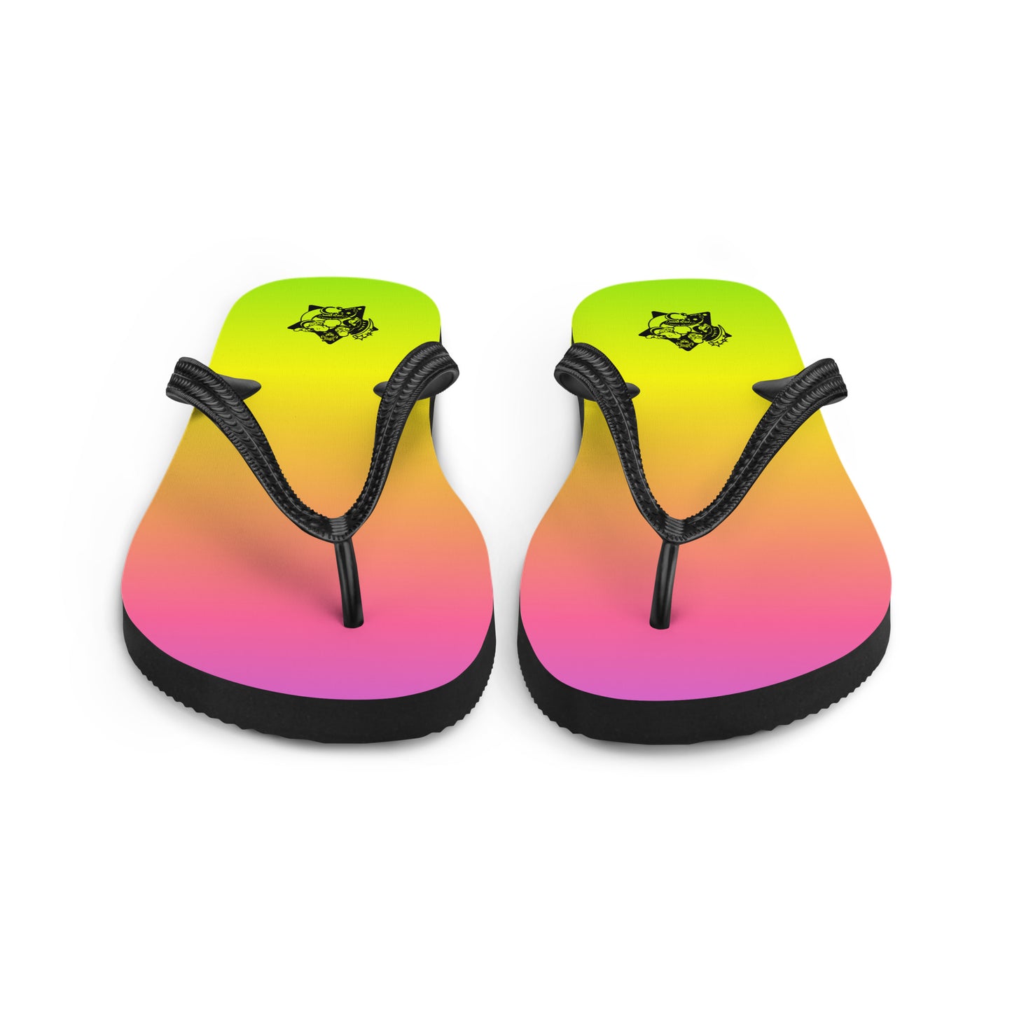 Pair of flip-flops with a gradient purple to green color scheme with a back logo on a white background.