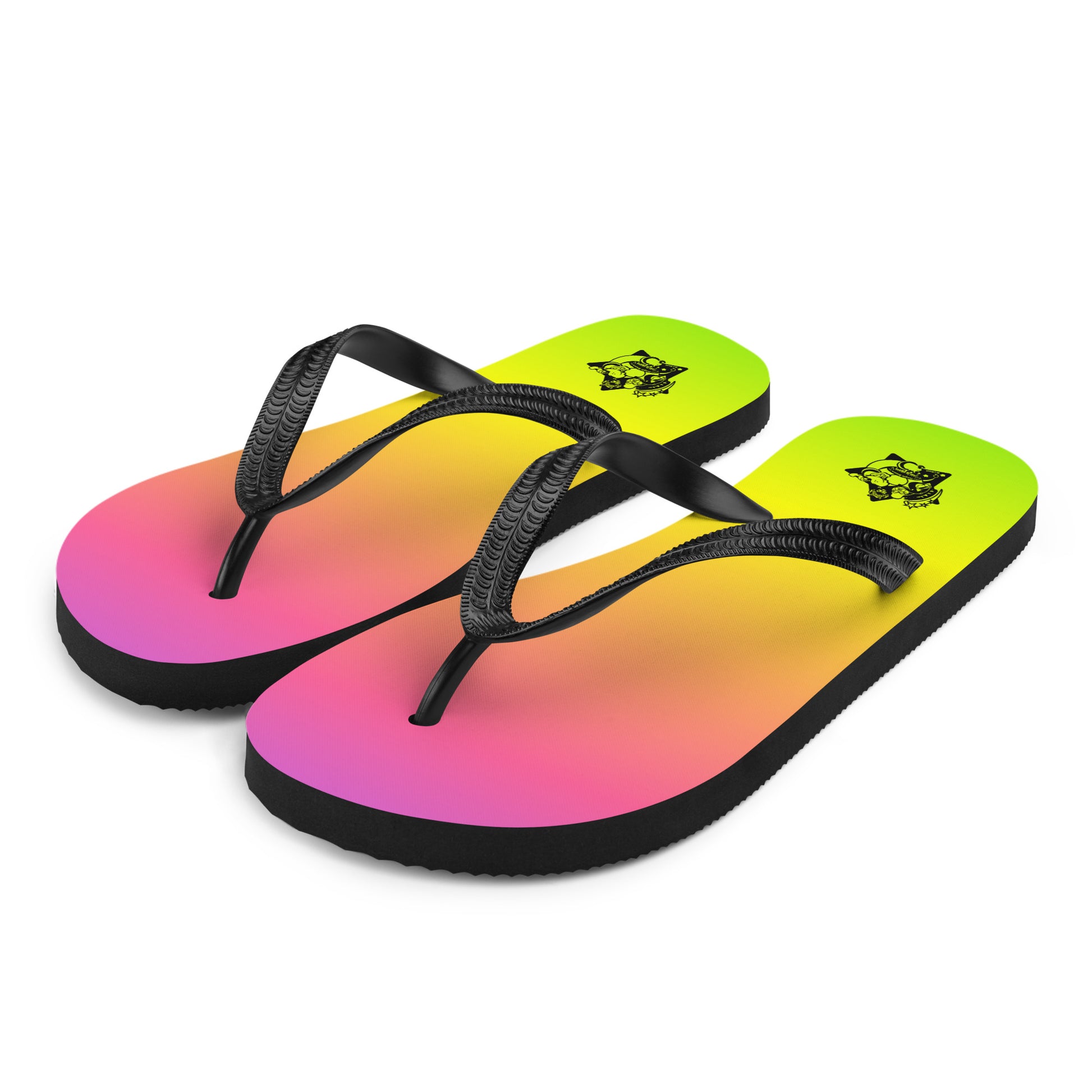 Pair of flip-flops with a gradient purple to green color scheme with a back logo on a white background.