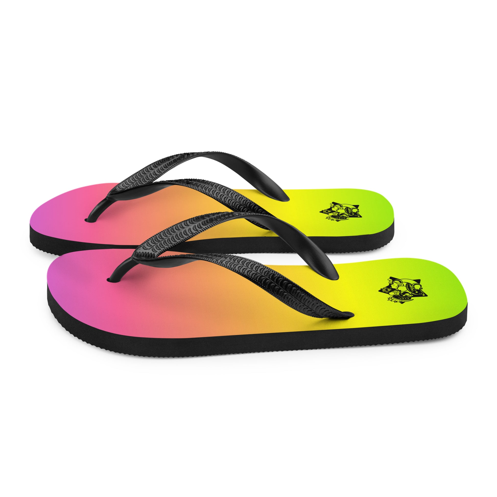Pair of flip-flops with a gradient purple to green color scheme with a back logo on a white background.