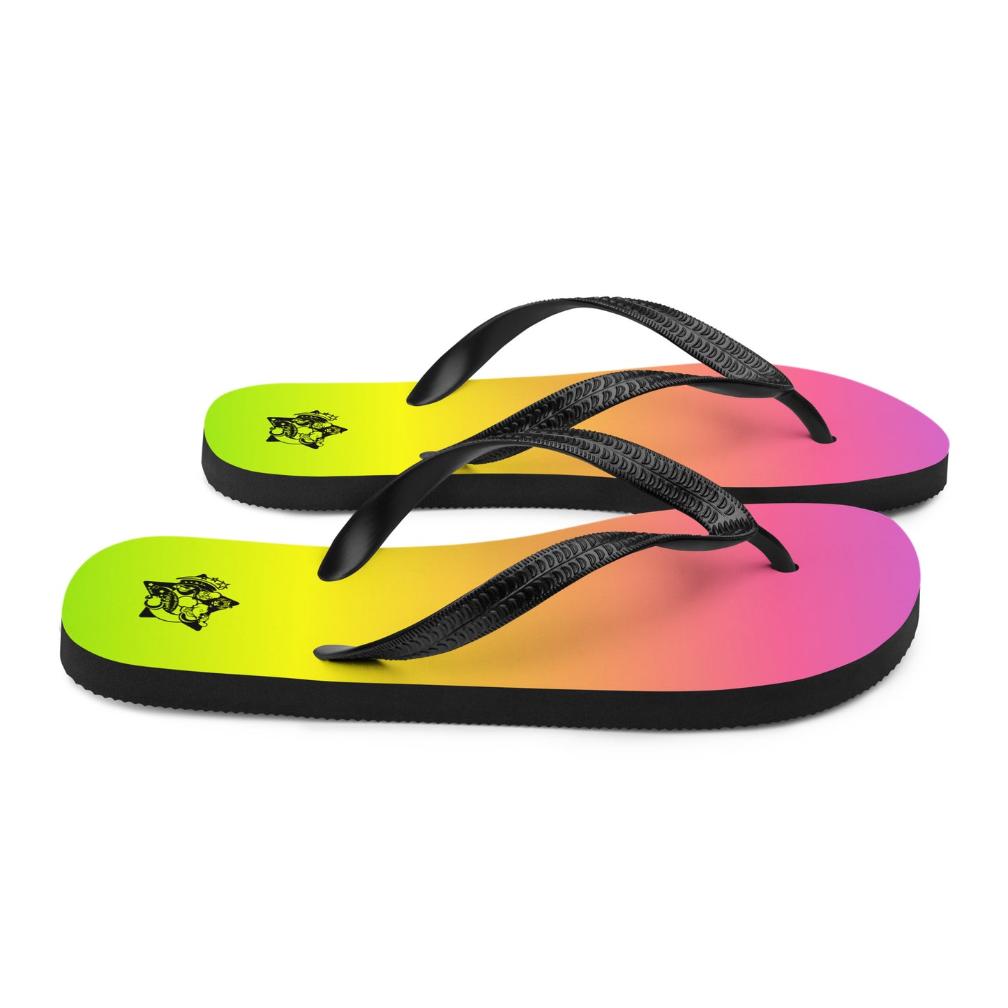 Pair of flip-flops with a gradient purple to green color scheme with a back logo on a white background.