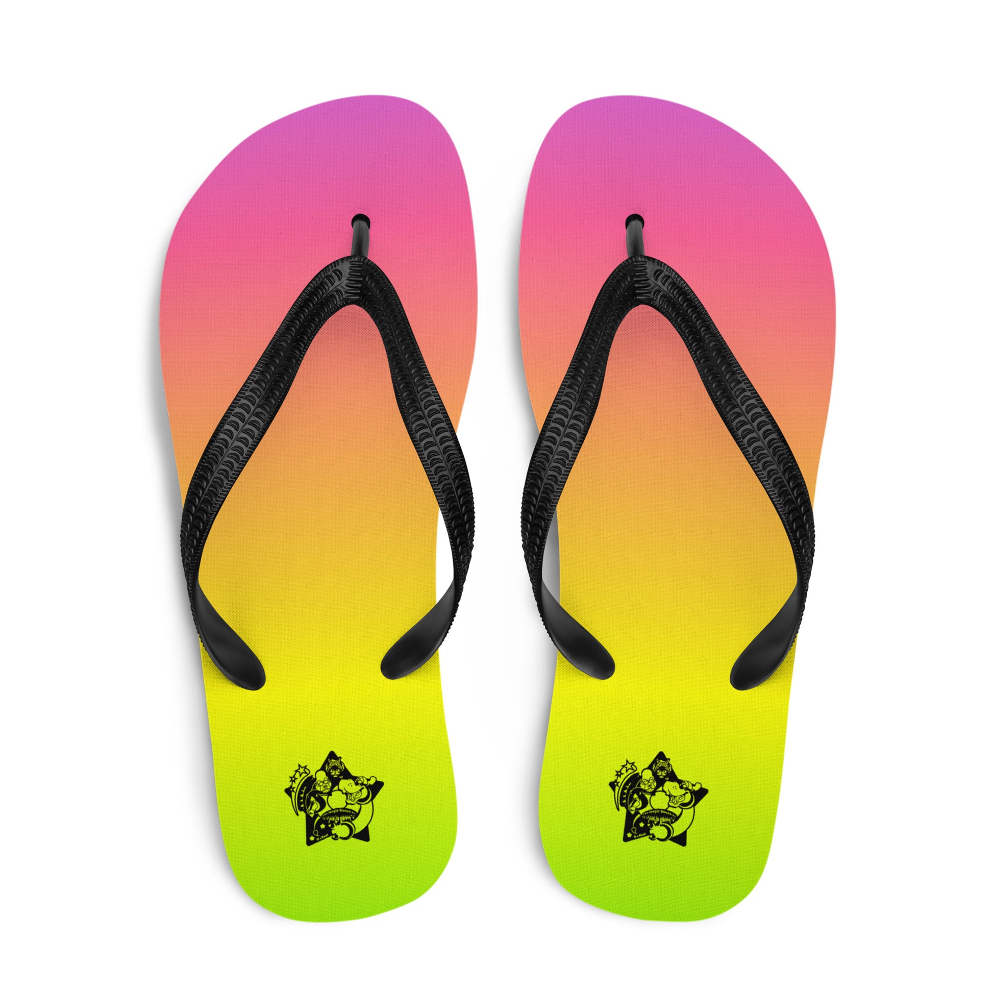 Pair of flip-flops with a gradient purple to green color scheme with a back logo on a white background.