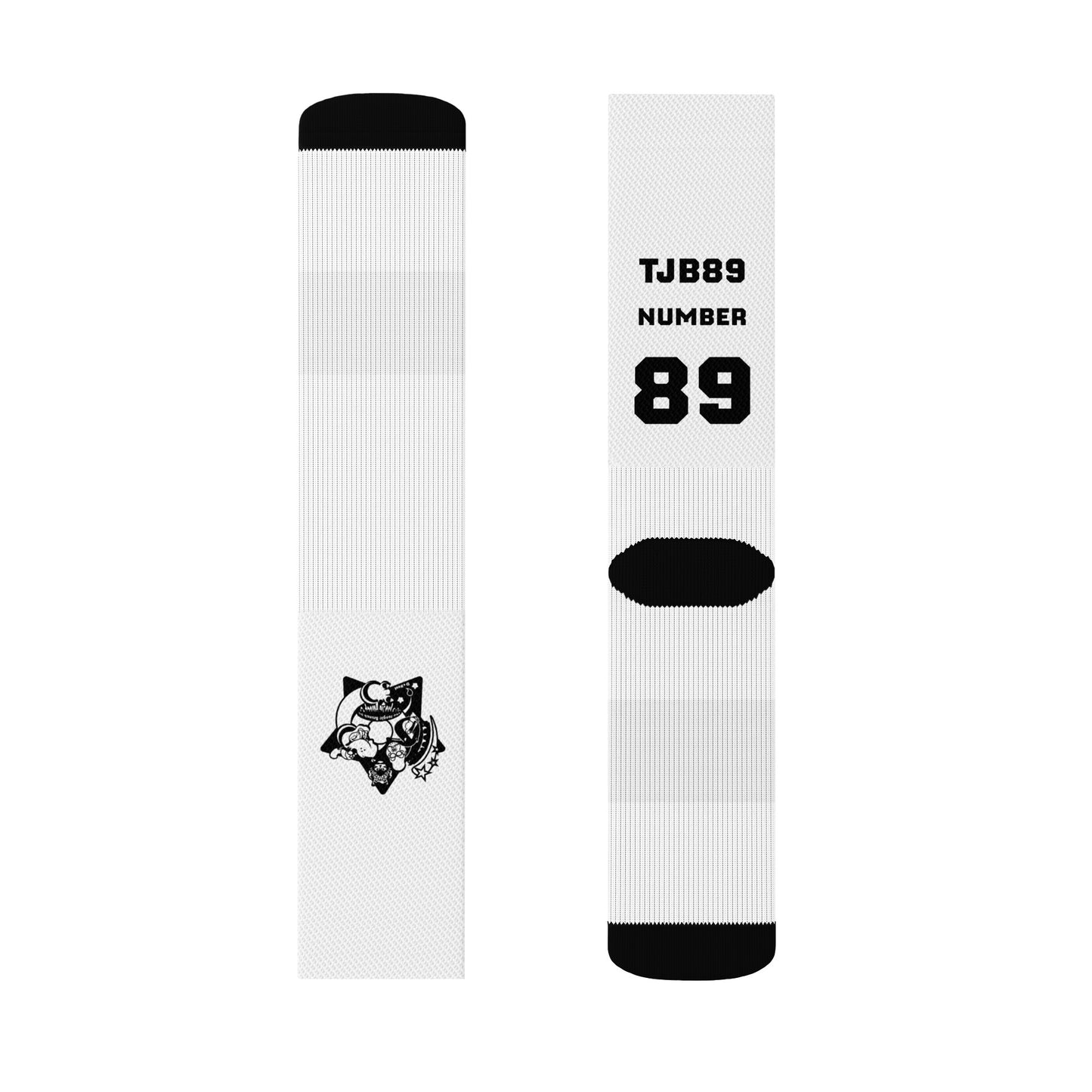 Two white socks with black accents and a logo on a white background