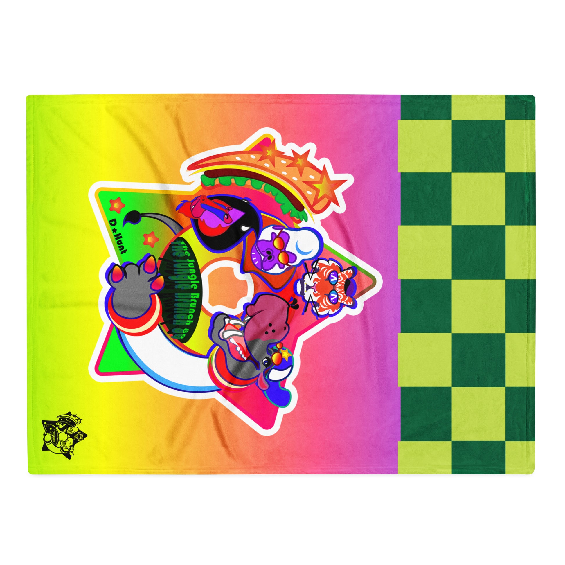 Colorful rainbow blanket with checkered tiles and cartoon character logo on a wooden surface