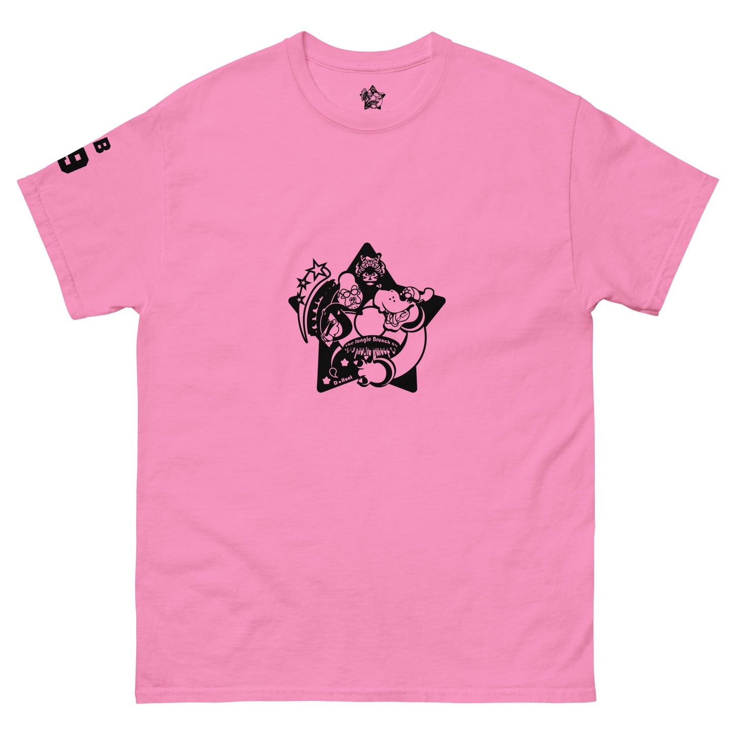 Pink t-shirt with a black graphic design on a white background