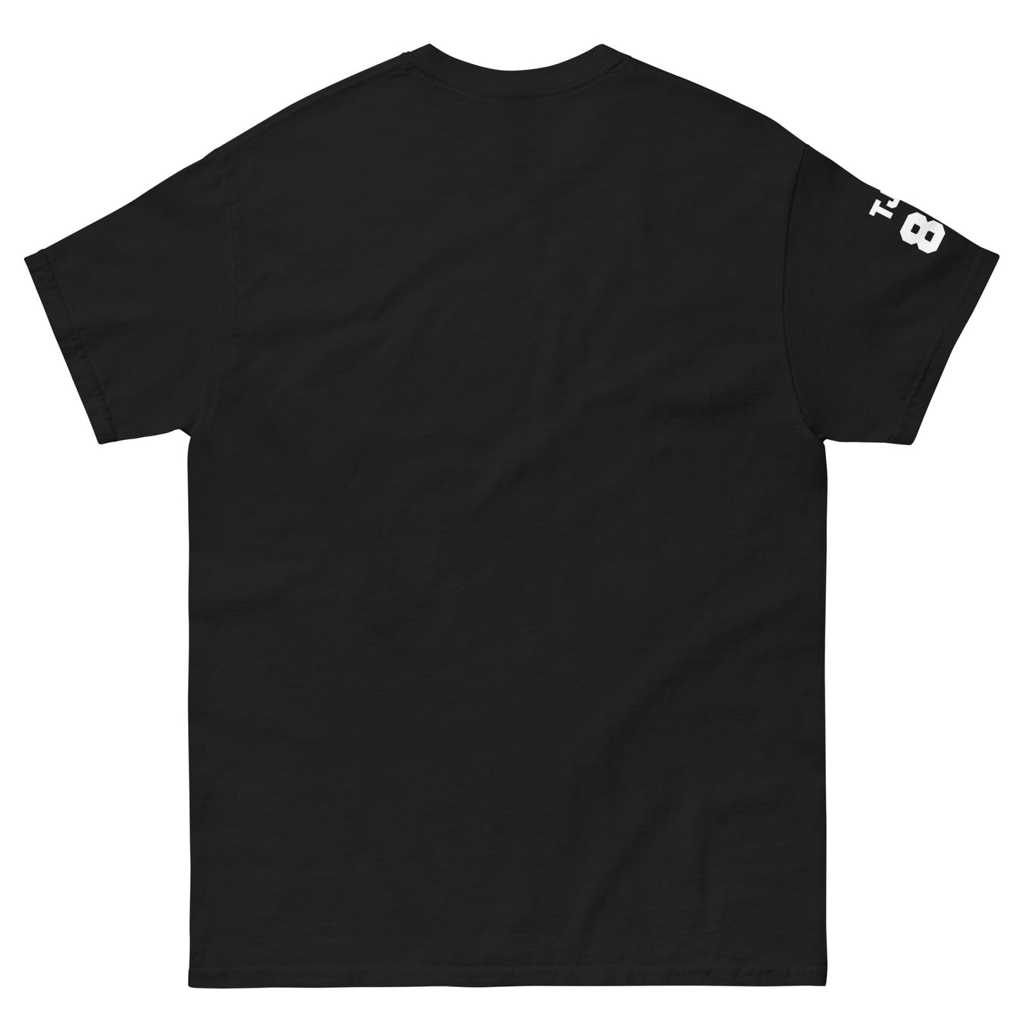 Black t-shirt with a logo on the sleeve against a white background