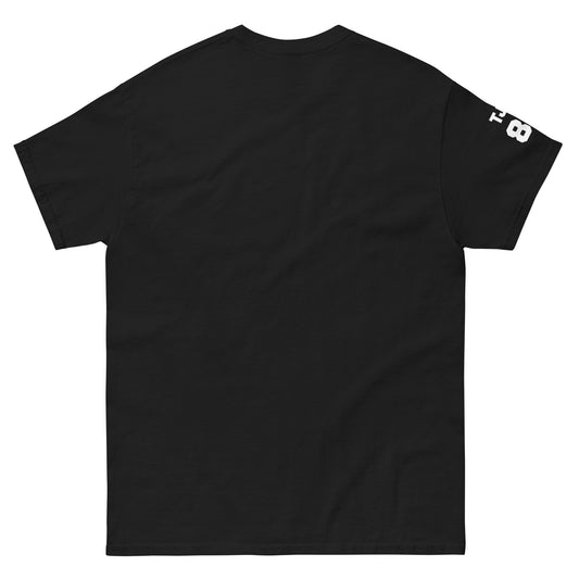 Black t-shirt with a logo on the sleeve against a white background