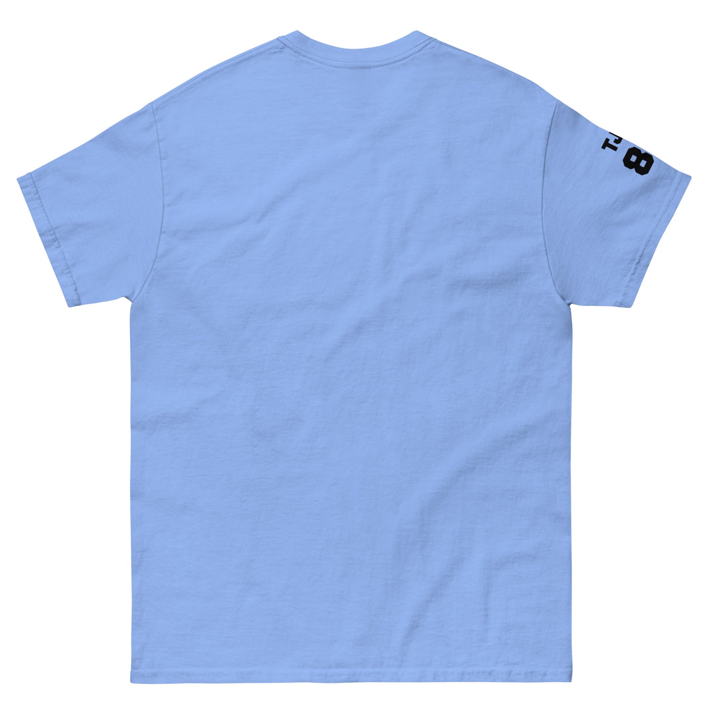 Light blue t-shirt with a logo on the sleeve against a white background