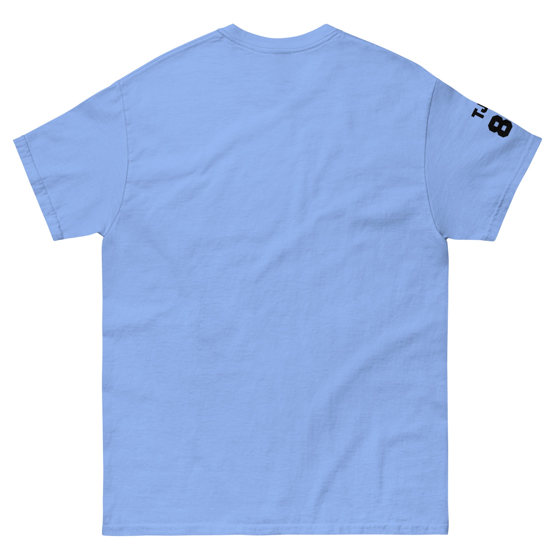 Light blue t-shirt with a logo on the sleeve against a white background