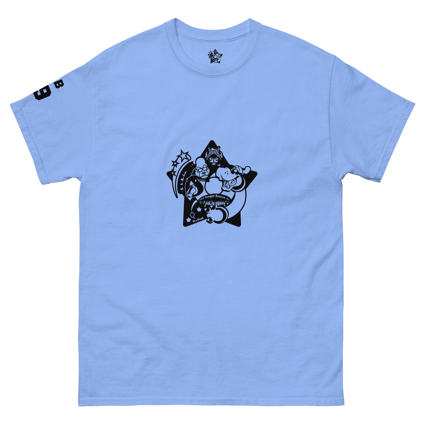 Light blue t-shirt with a black graphic design on a white background