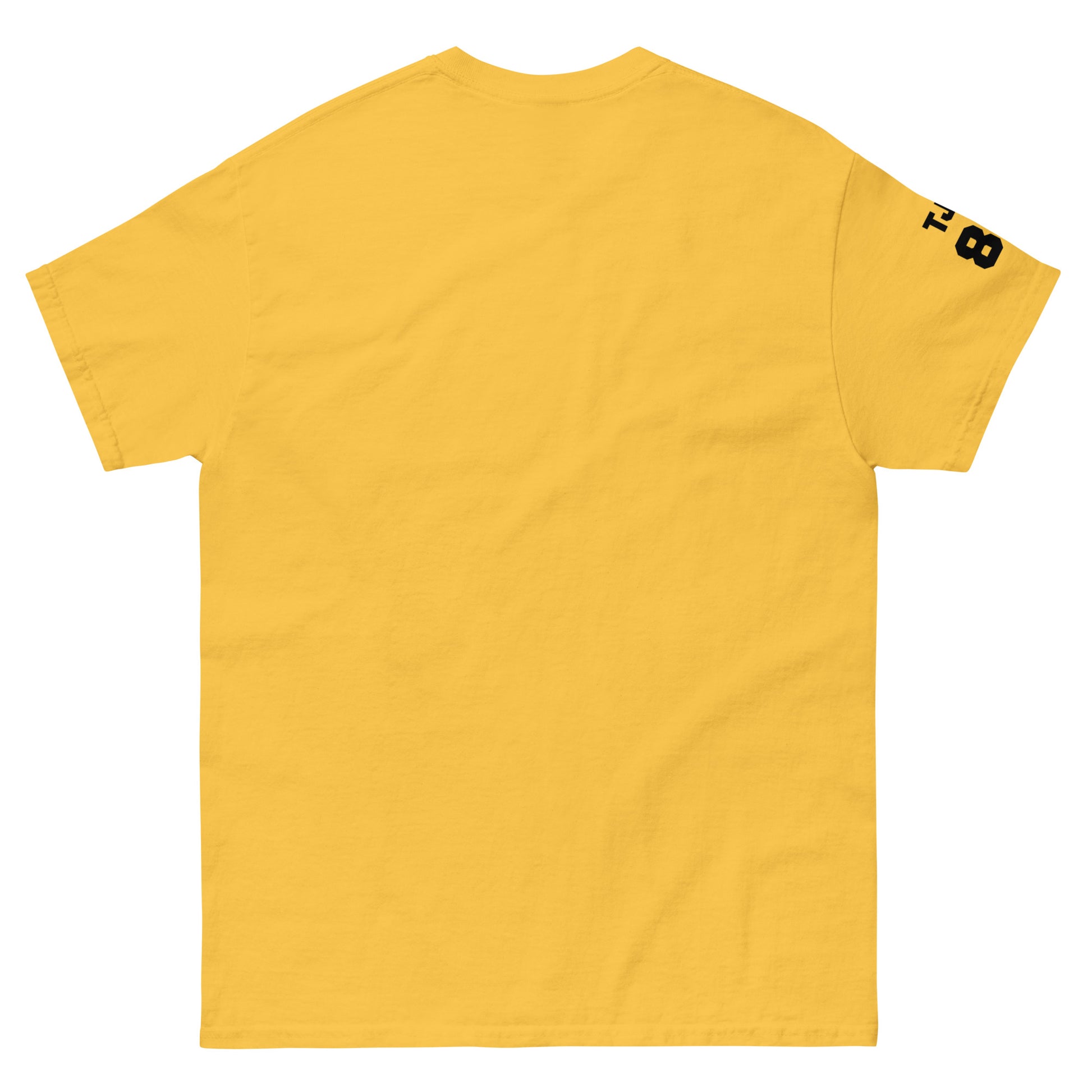 Yellow t-shirt with a logo on the sleeve against a white background