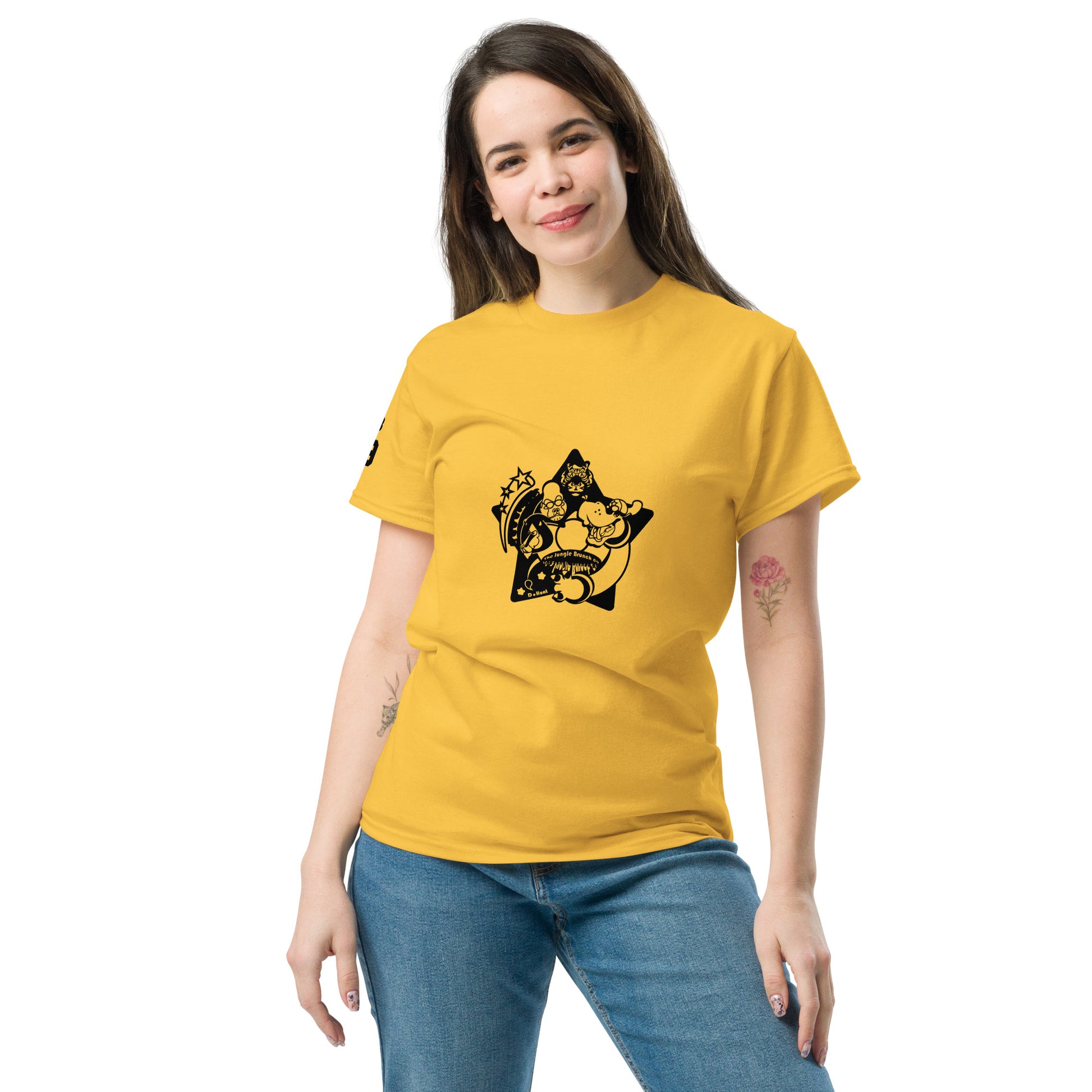 Woman wearing a yellow t-shirt with a black graphic design on a white background
