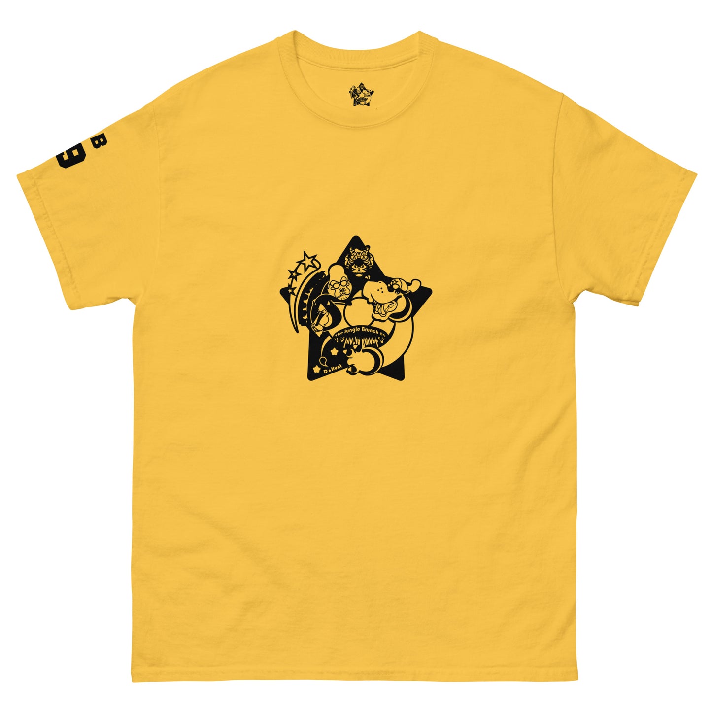 Yellow t-shirt with black graphic design on a white background
