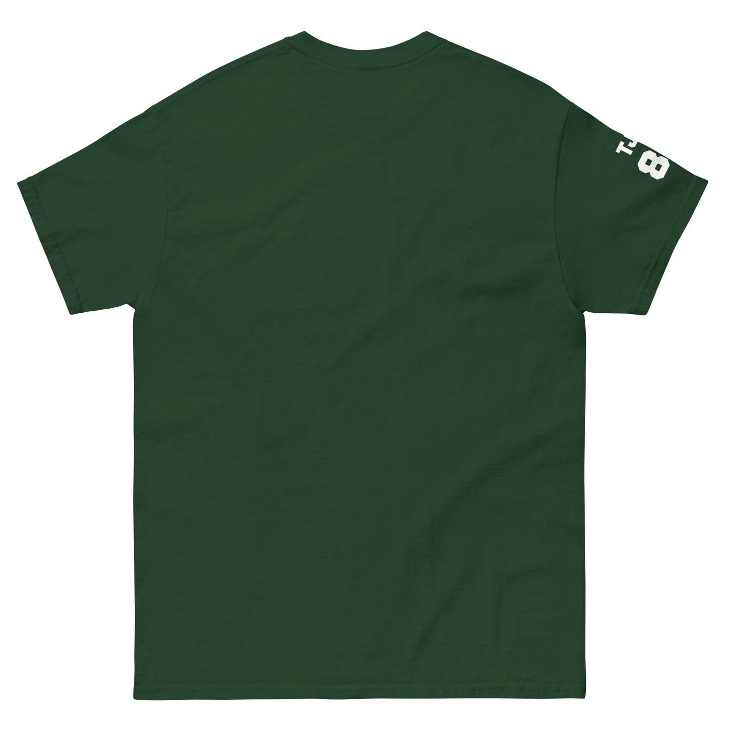 Green t-shirt with a brand logo on the sleeve against a white background