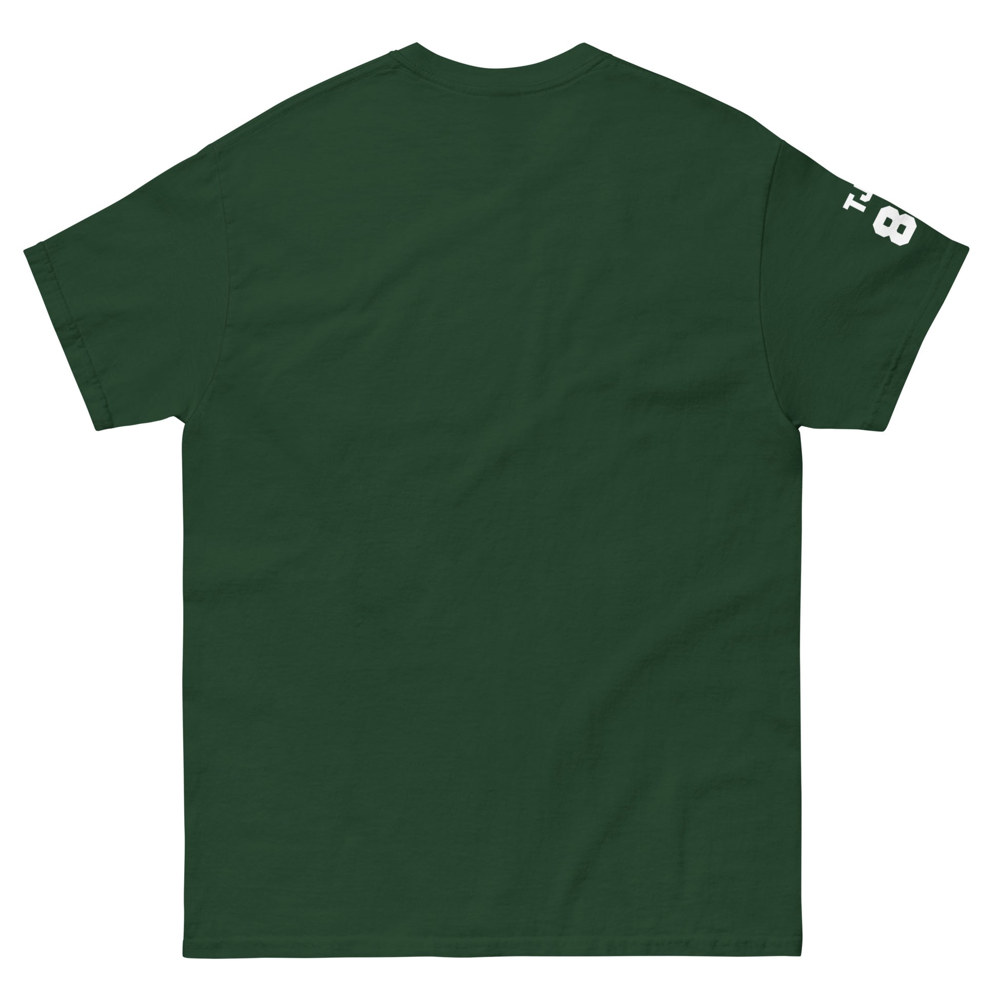 Green t-shirt with a brand logo on the sleeve against a white background