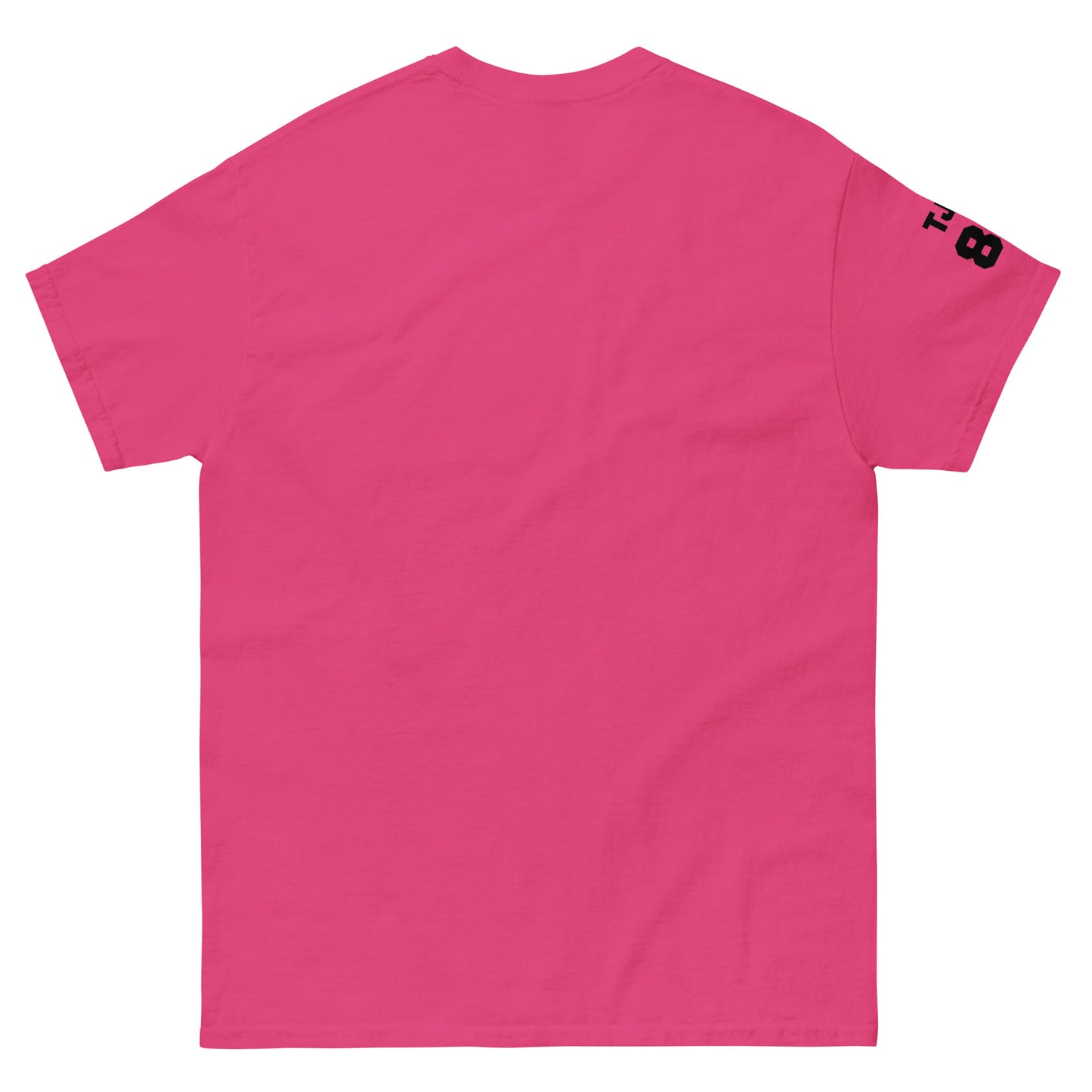 Pink t-shirt with a small black logo on the sleeve against a white background