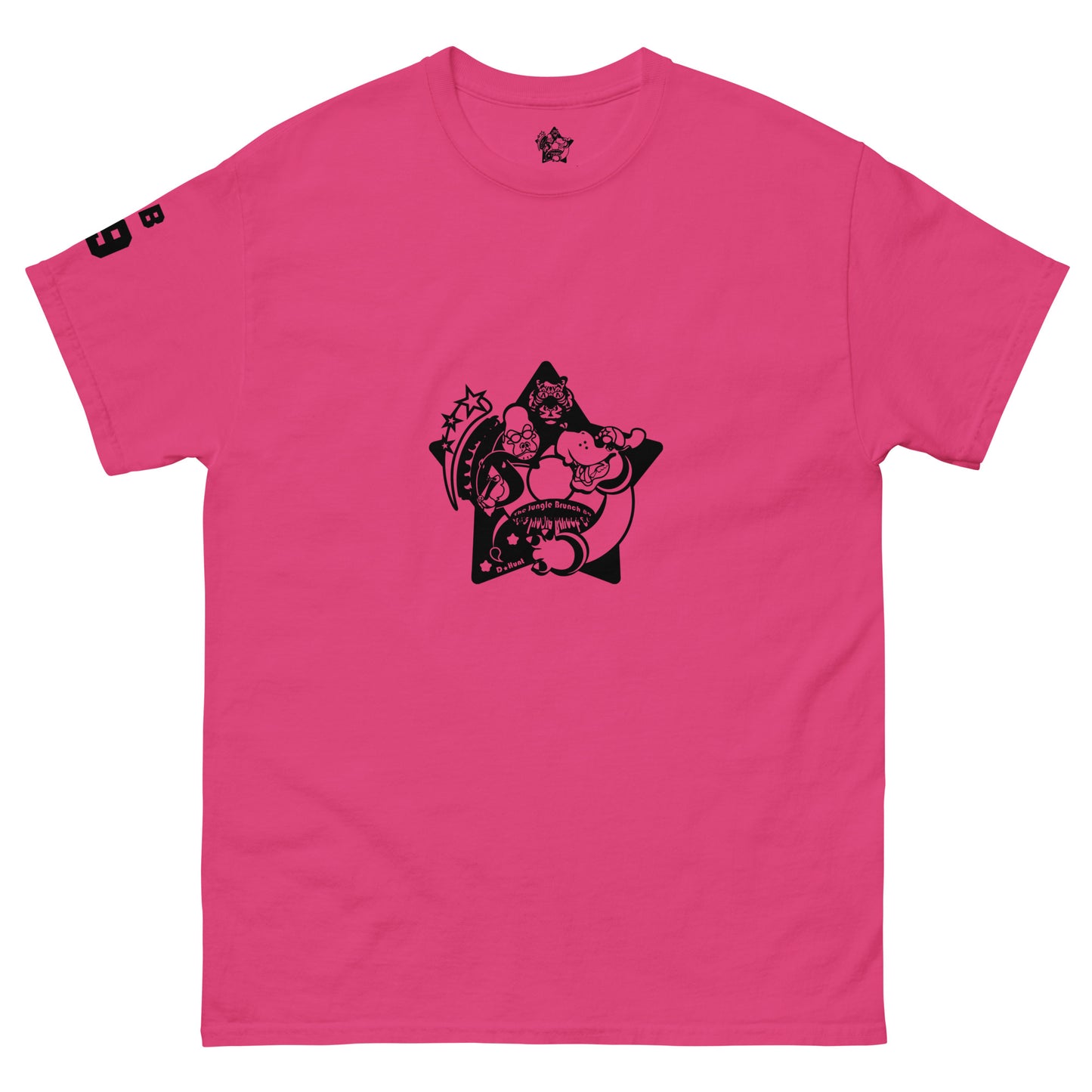 Pink t-shirt with black graphic design on a white background