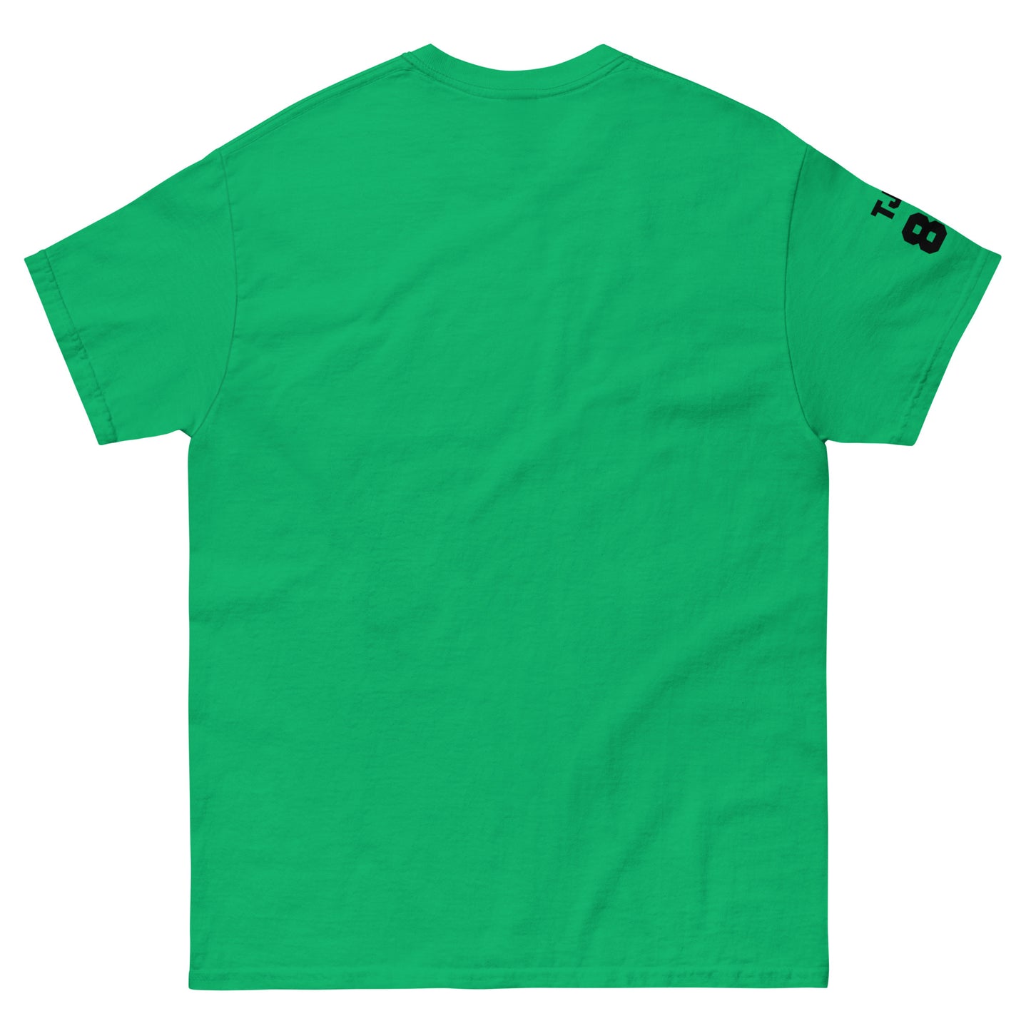 Green t-shirt with a logo on the sleeve against a white background