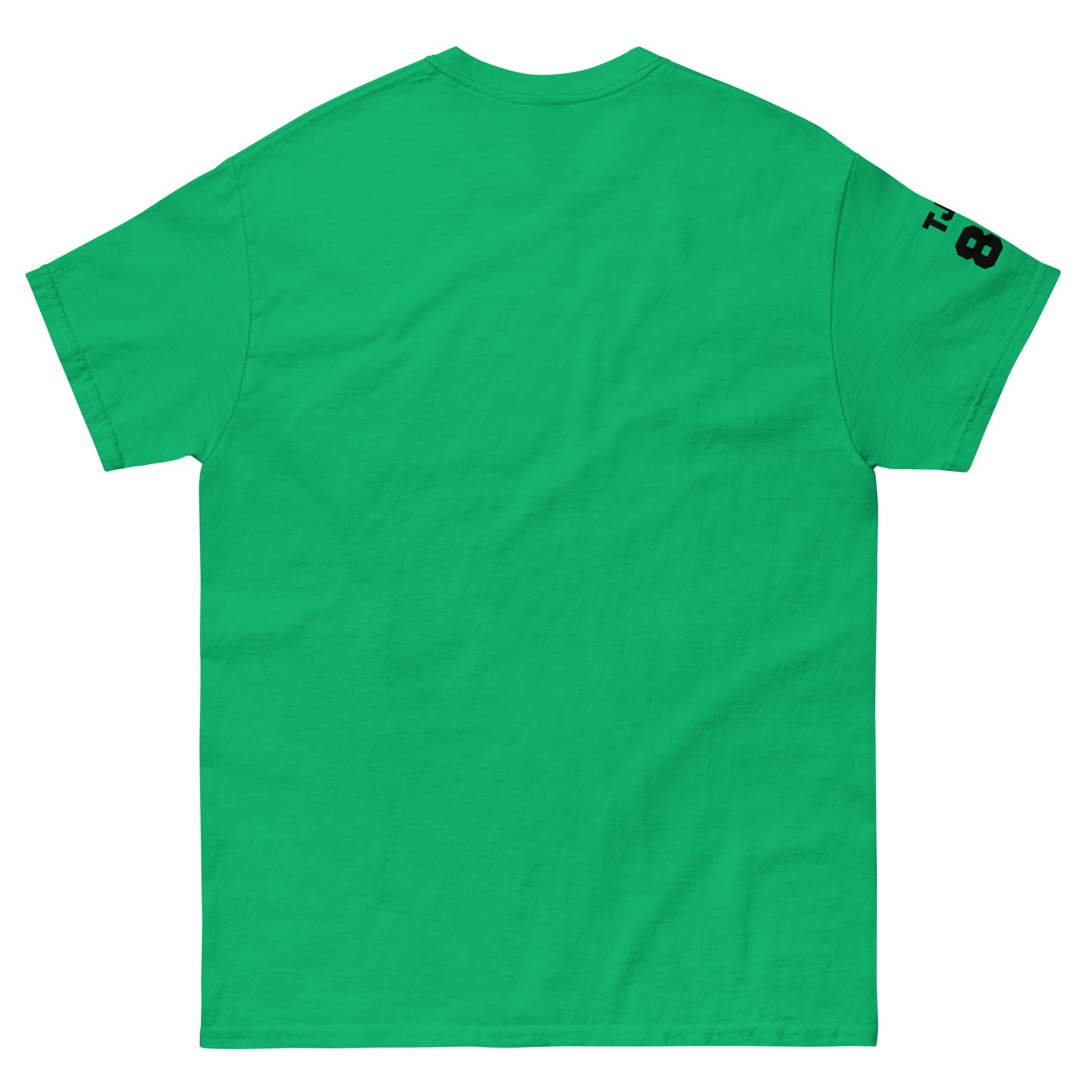 Green t-shirt with a logo on the sleeve against a white background