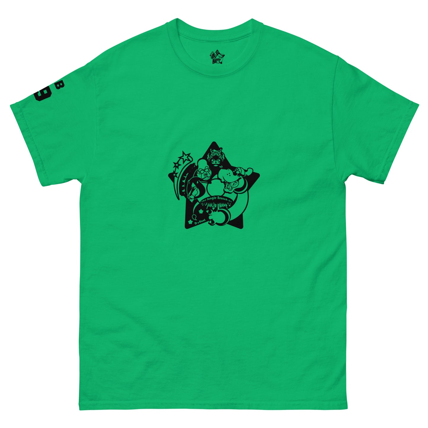 Green t-shirt with black graphic design on a white background