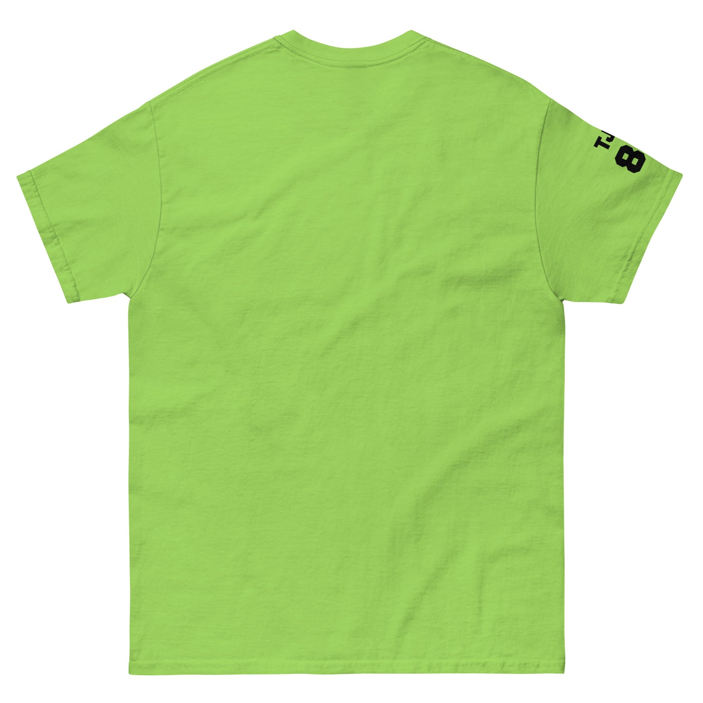 Green t-shirt with a logo on the sleeve against a white background