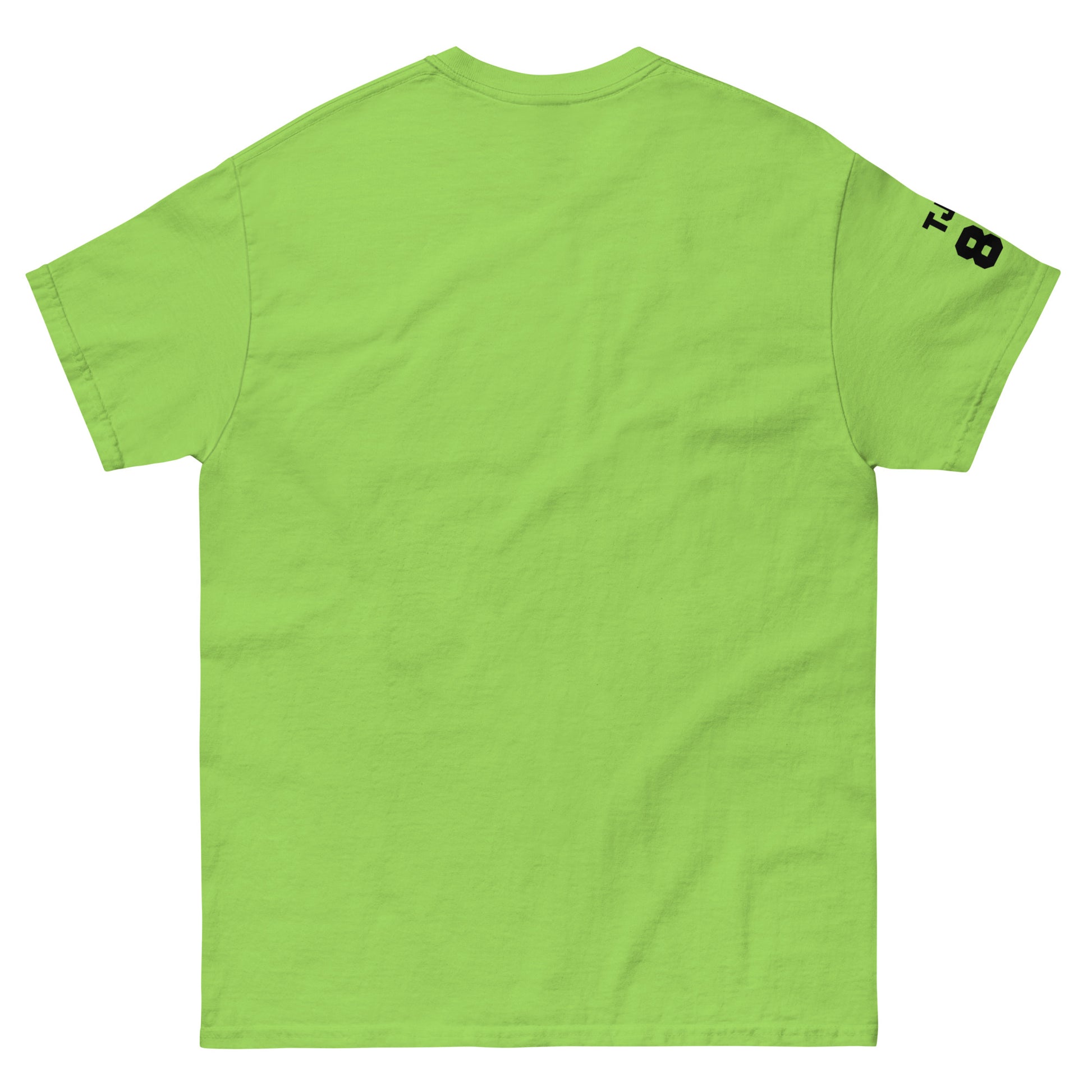 Green t-shirt with a logo on the sleeve against a white background