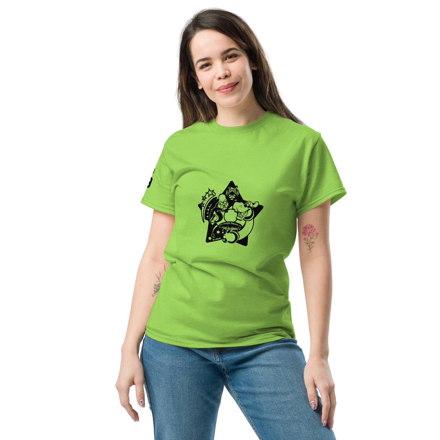 Woman wearing a green t-shirt with a black graphic design on a white background
