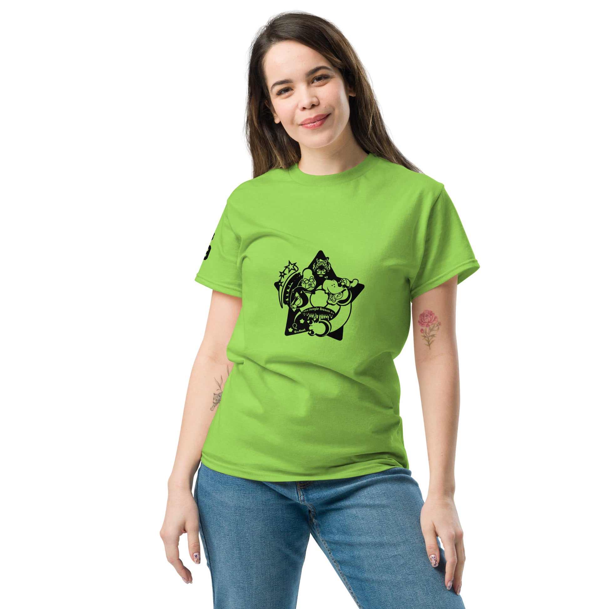 Woman wearing a green t-shirt with a black graphic design on a white background