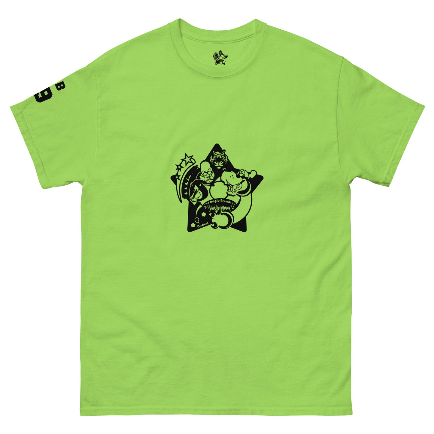 Green t-shirt with black graphic design on a white background