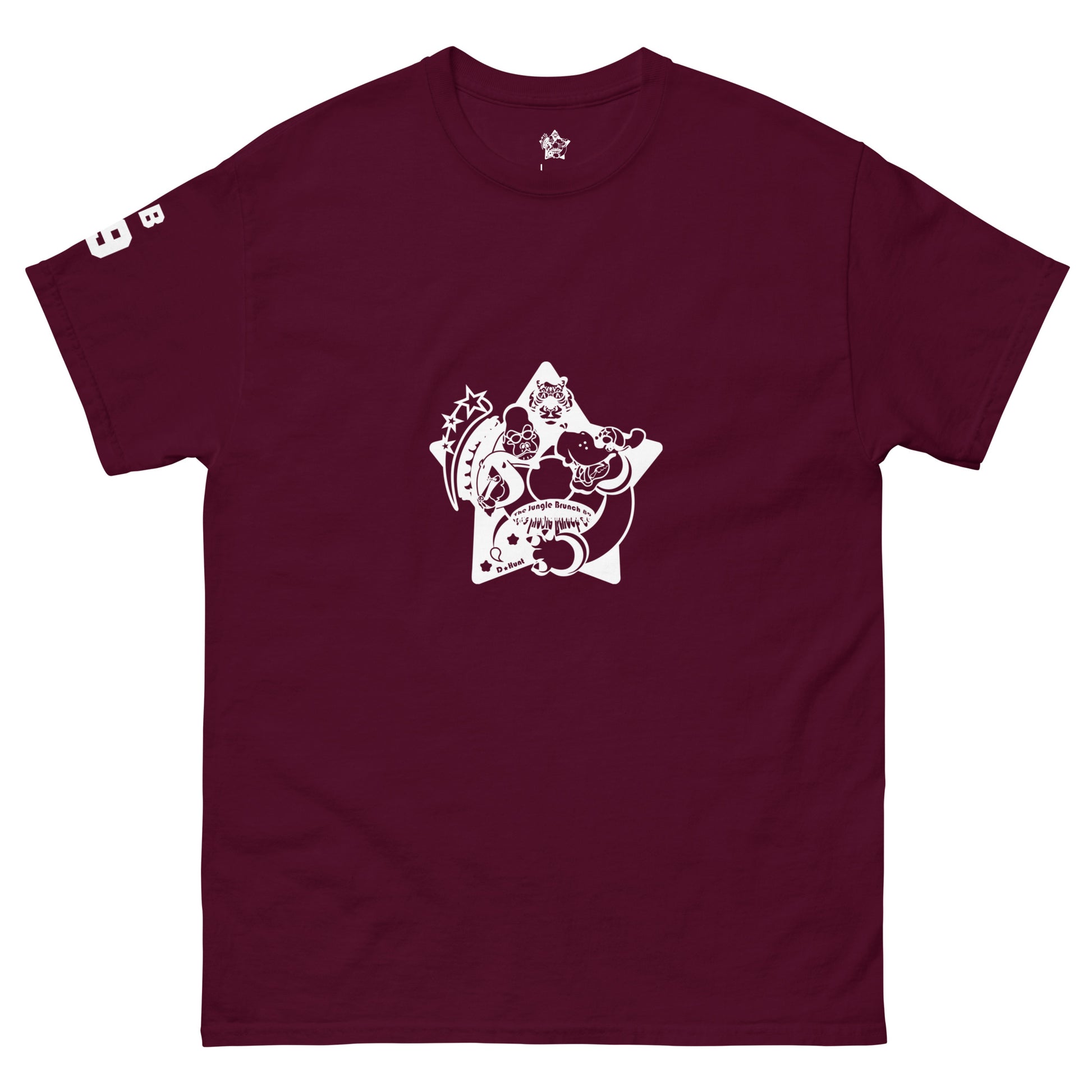 Maroon t-shirt with a white graphic design on a white background