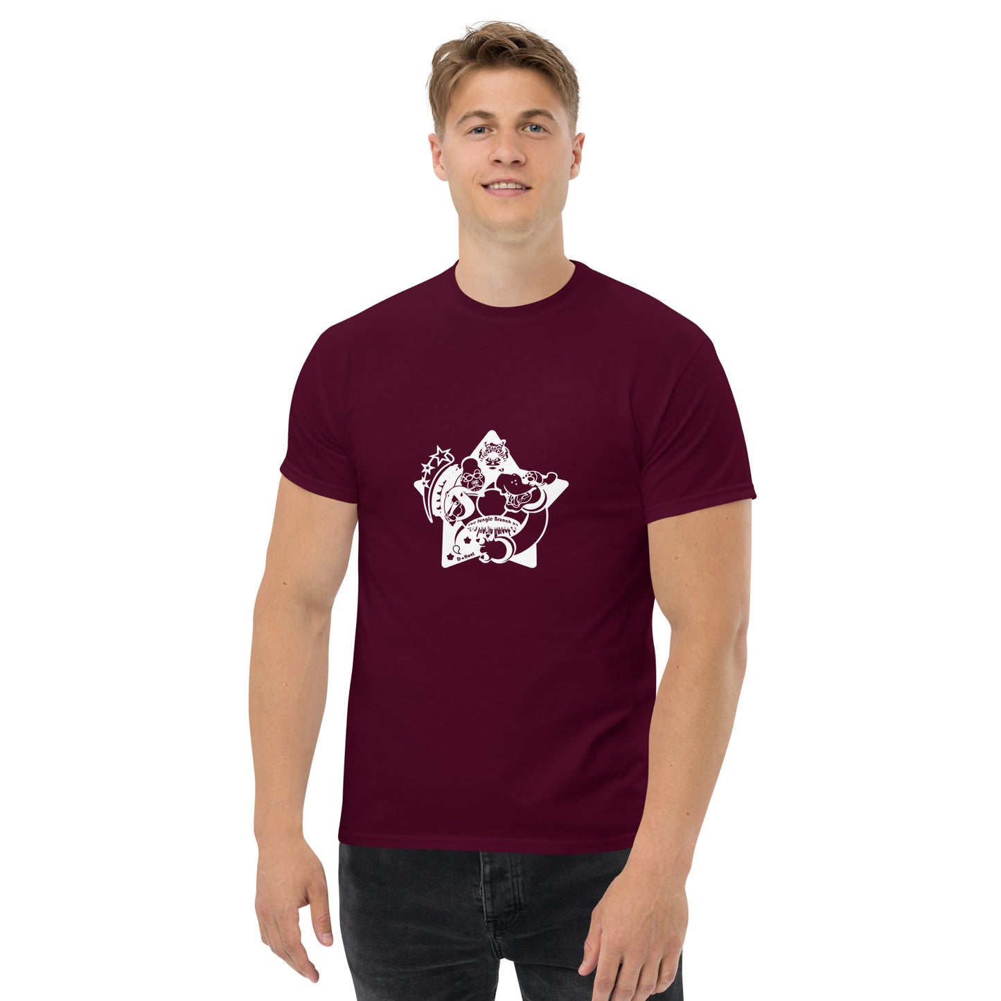 Man wearing a maroon t-shirt with a white graphic design on a white background