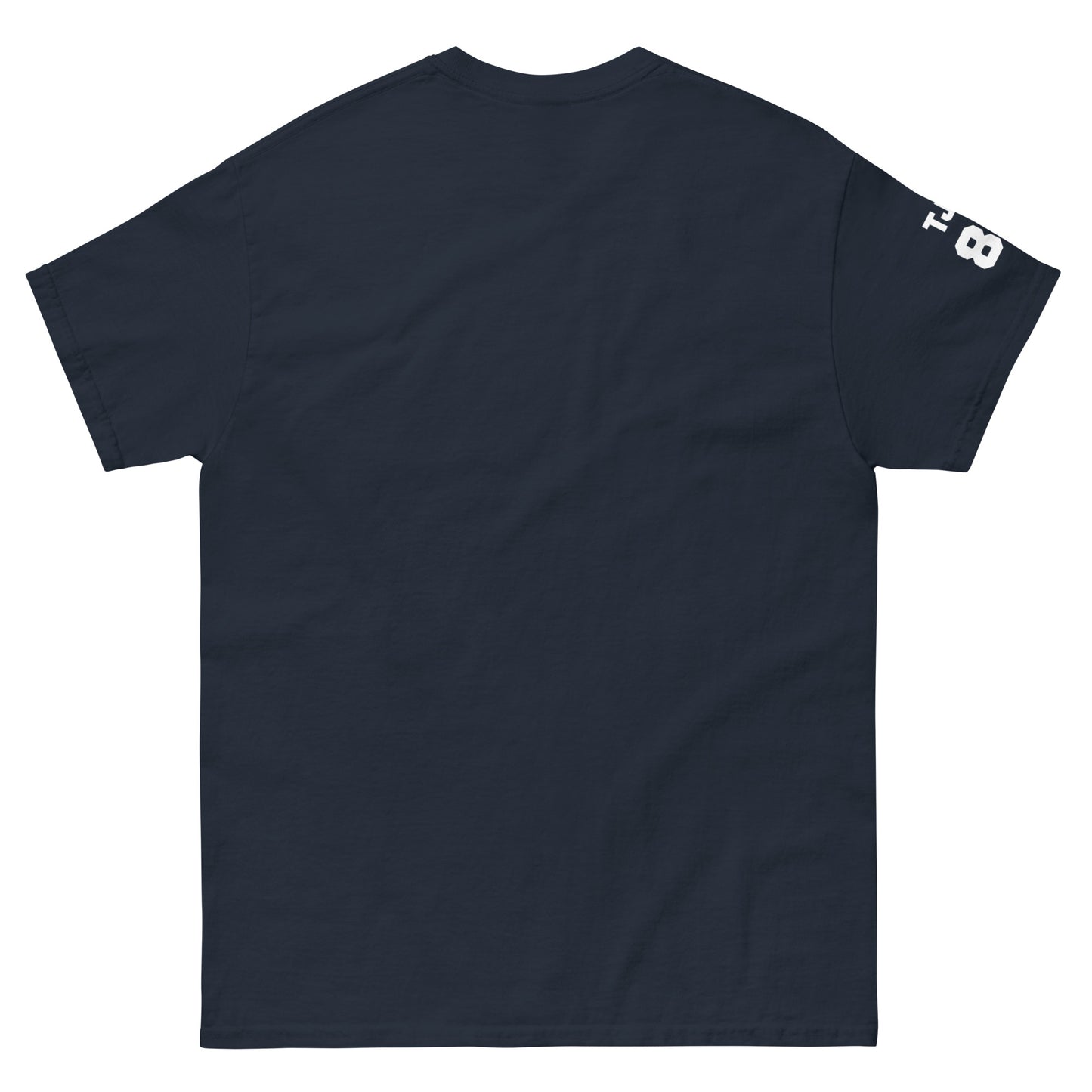 Navy blue t-shirt with a logo on the sleeve against a white background