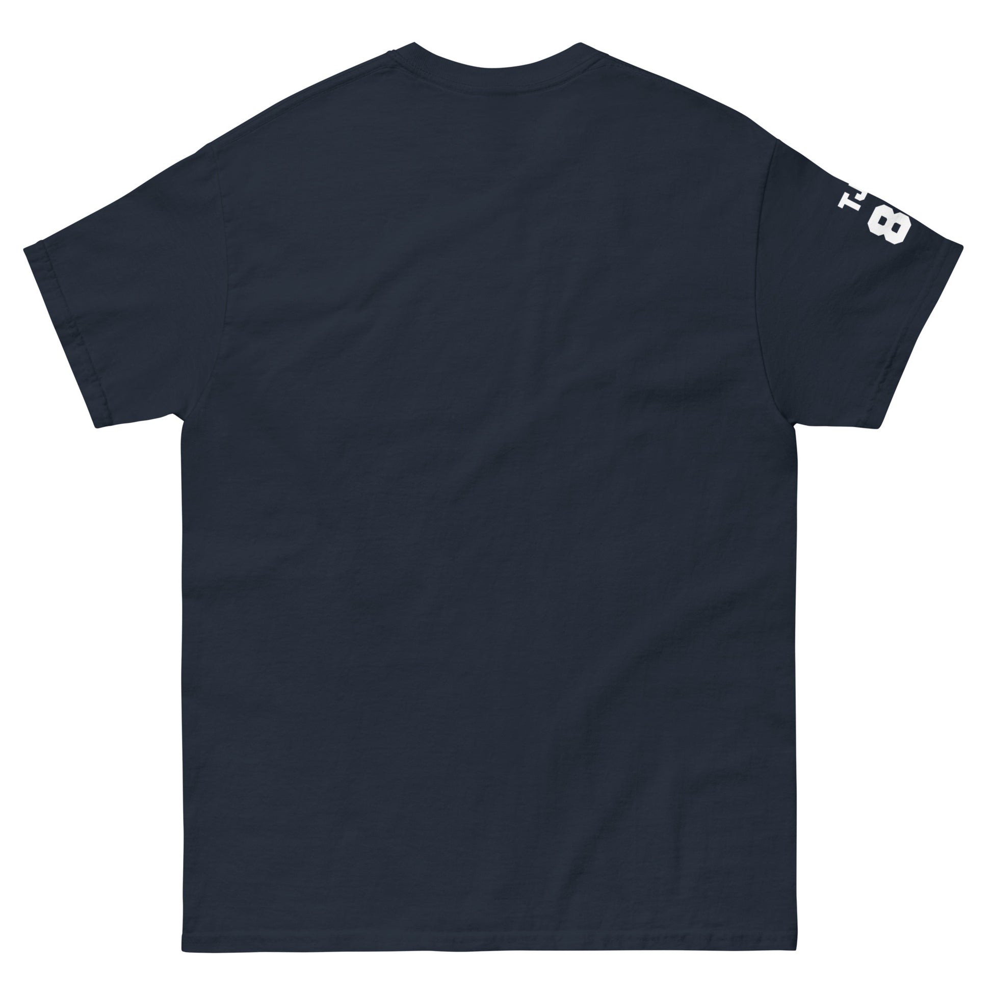 Navy blue t-shirt with a logo on the sleeve against a white background