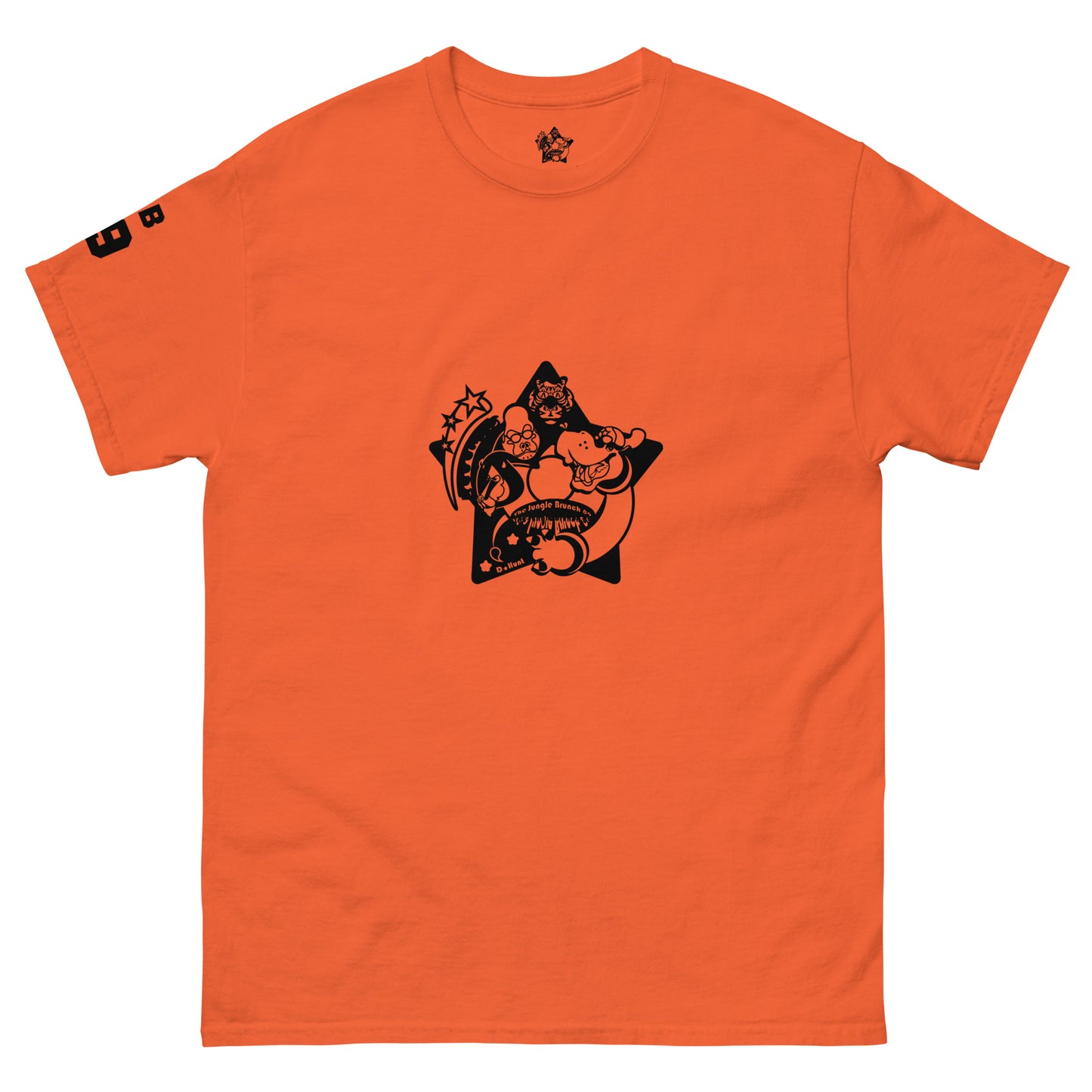 Orange t-shirt with black graphic design on a white background