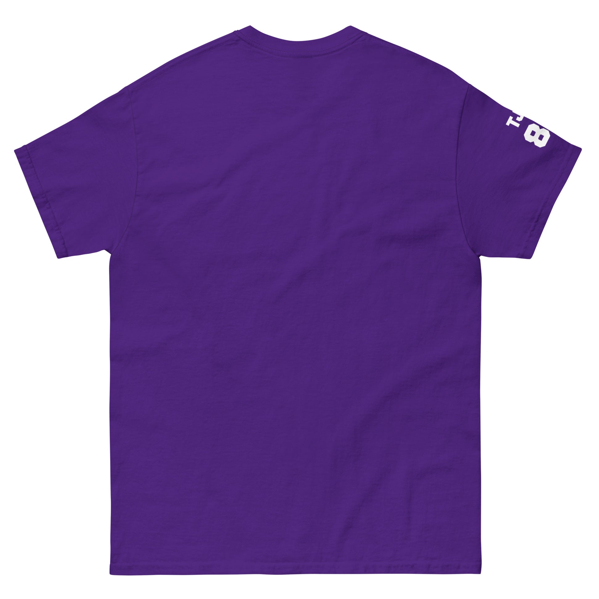 Purple t-shirt with a logo on the sleeve against a white background