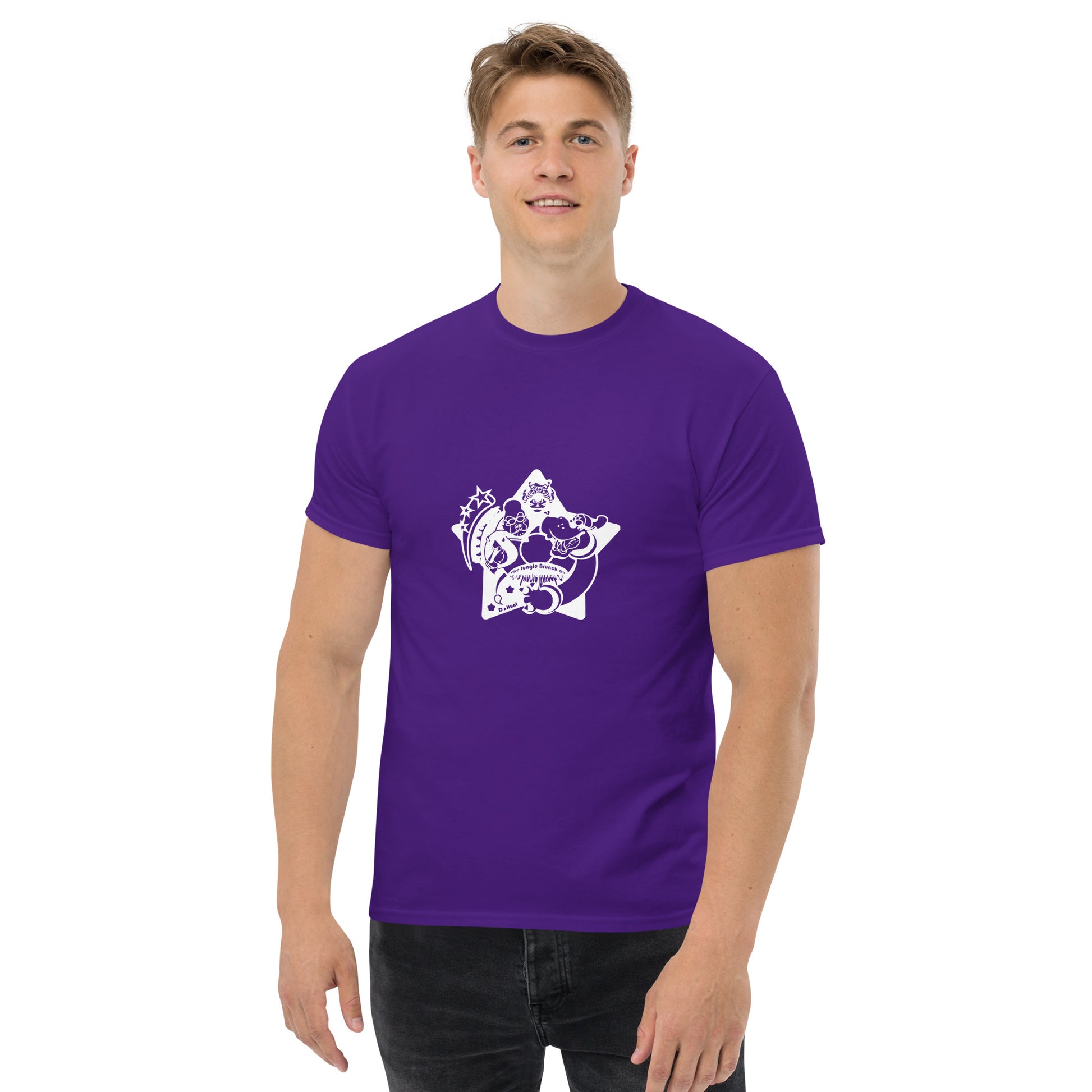 Man wearing a purple t-shirt with a white graphic design on a white background
