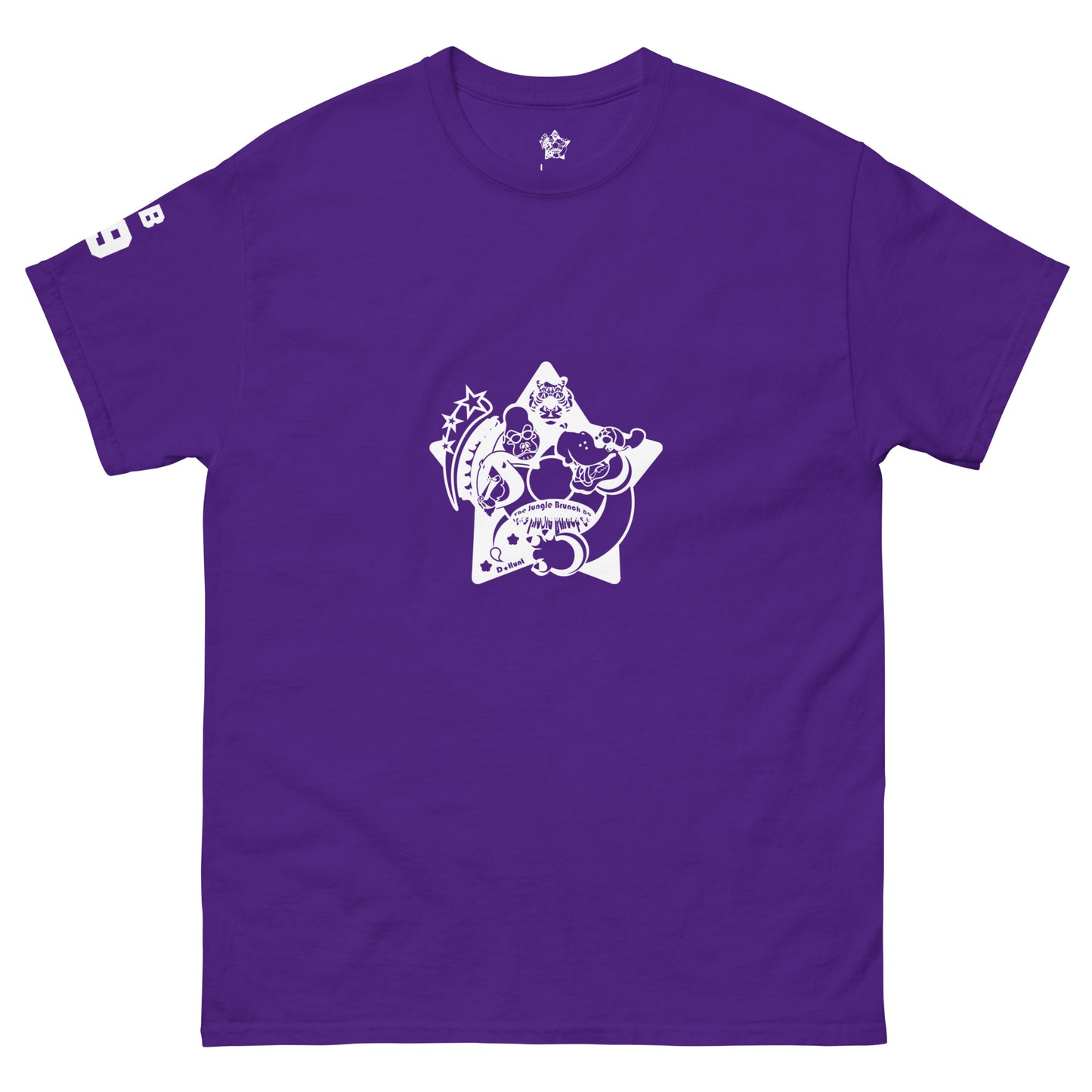 Purple t-shirt with a white graphic design on a white background